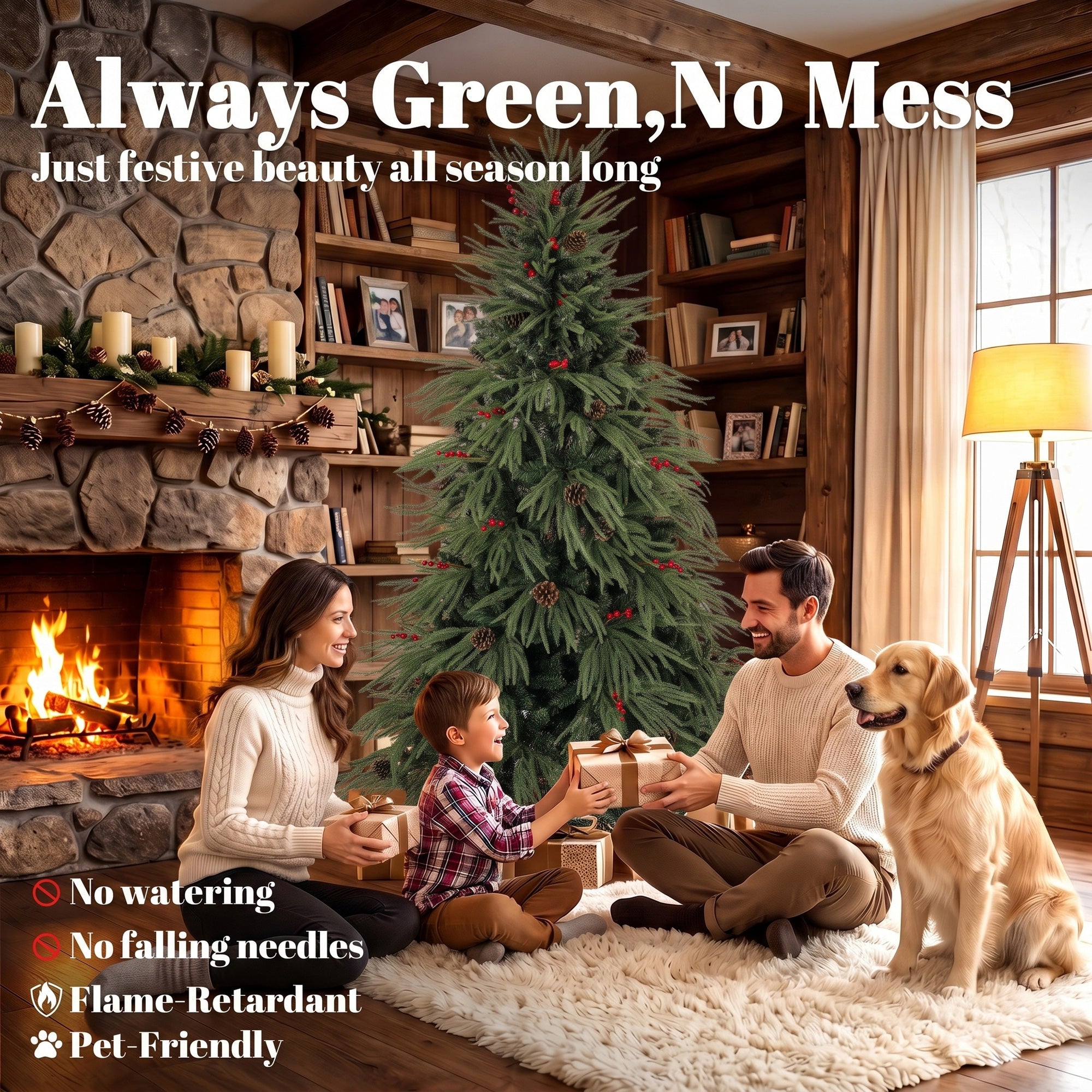 HOMCOM 6ft Artificial Christmas Tree with Pinecones, Red Berries, Hinged Predecorated Xmas Tree with 2843 Branch Tips