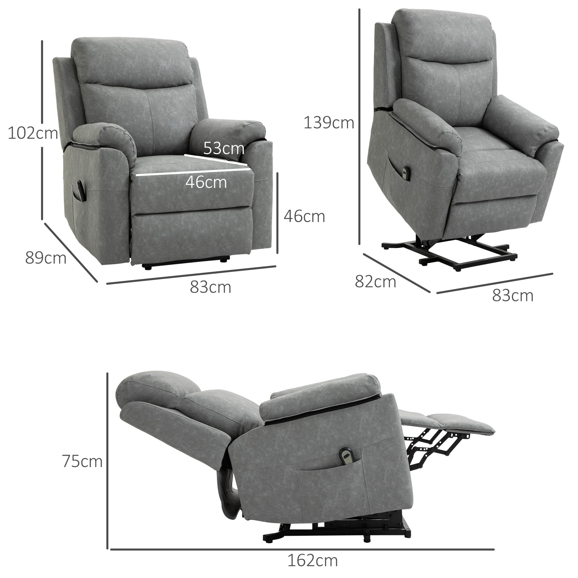 HOMCOM Faux Leather 70° Electric Riser Recliner Chair - Grey - North Peak Garden Furniture