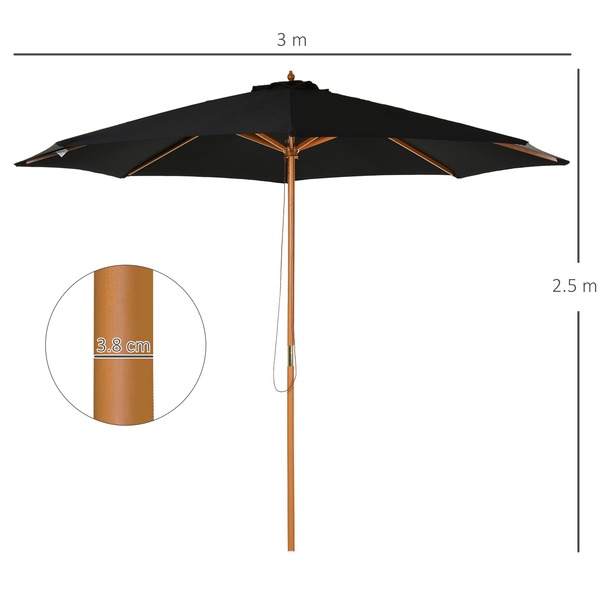 Outsunny 3(m) Garden Parasol, Pulley Operated Patio Umbrella, Wooden Table Market Umbrella with Rope Pulley Mechanism and 8 Ribs, Black - North Peak Garden Furniture
