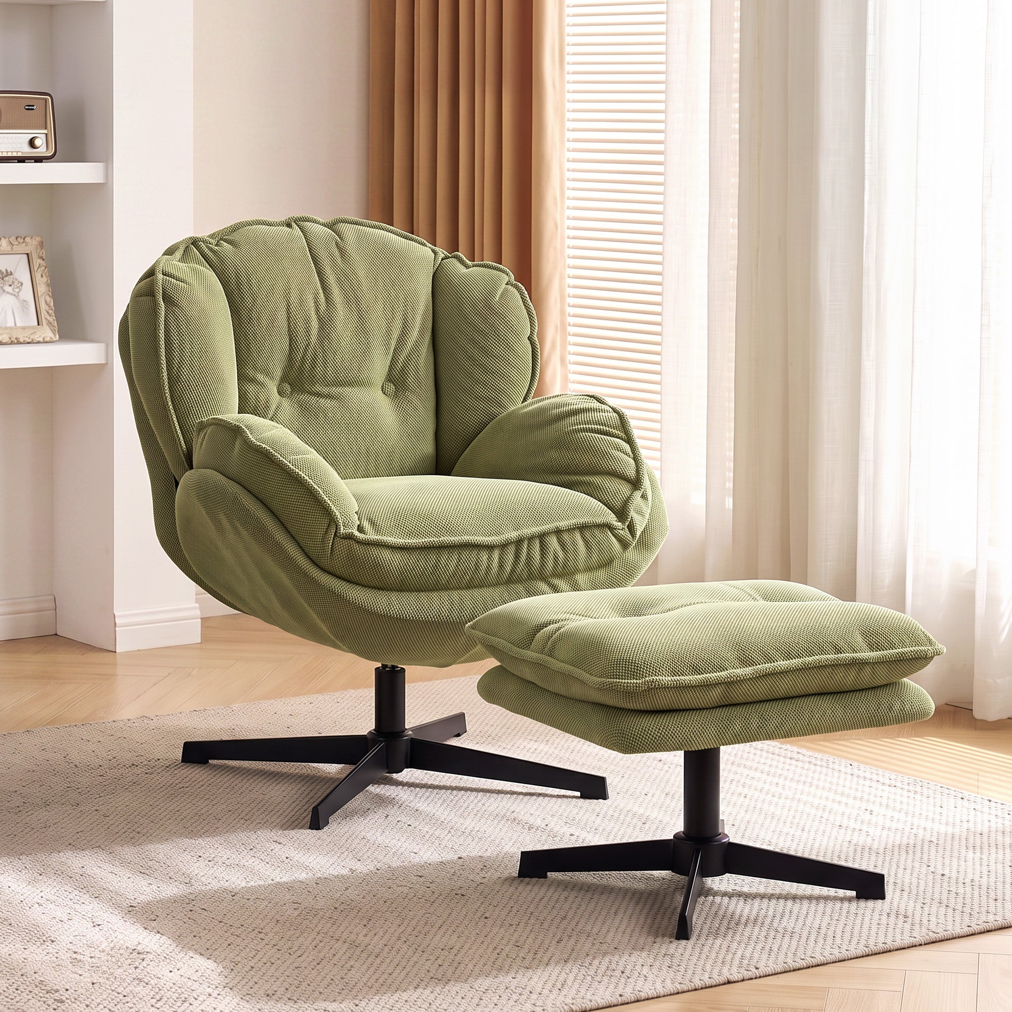 HOMCOM Armchair with Adjustable Footstool, 360-Degree Swivel Chenille Cloud Accent Chair with Thick Cushion, Steel Base, Green