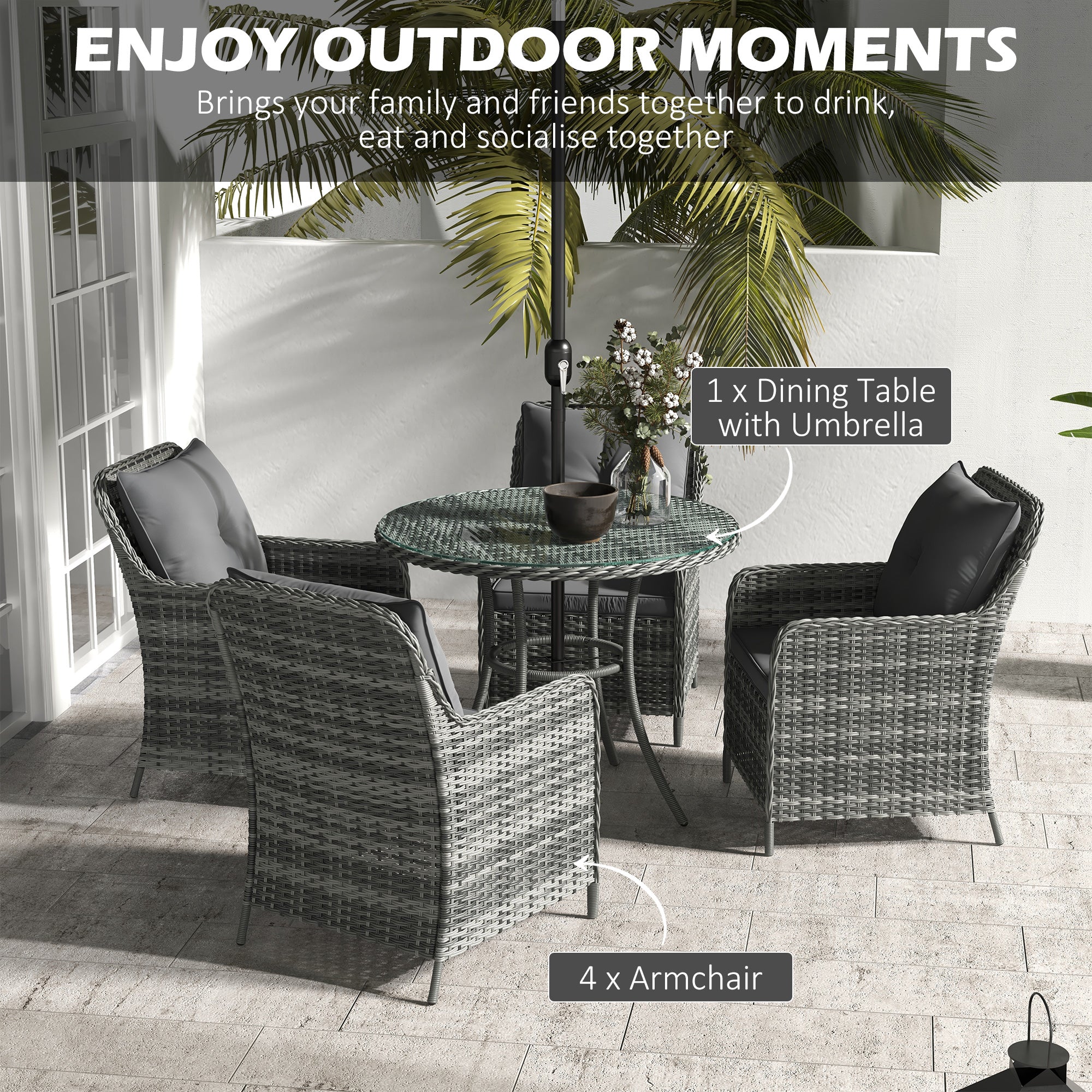 Outsunny 6 Pieces Garden Dining Set, 4 Seater Rattan Dining Set Outdoor with Umbrella, Cushions, Tempered Glass Top Table | Aosom UK