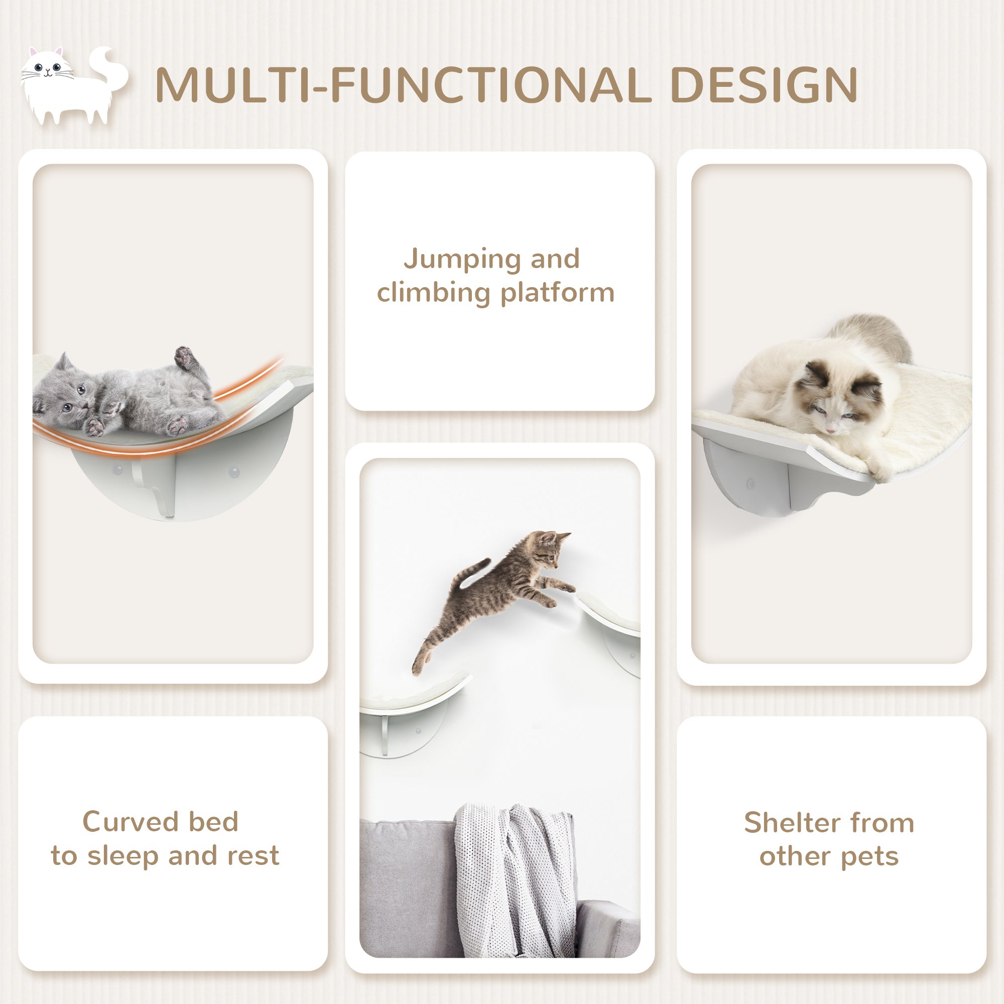 PawHut Wood Cat Shelves Wall-Mounted Shelter Curved Kitten Bed Cat Perch Climber Cat Furniture 41 x 28 x 21cm White - North Peak Garden Furniture