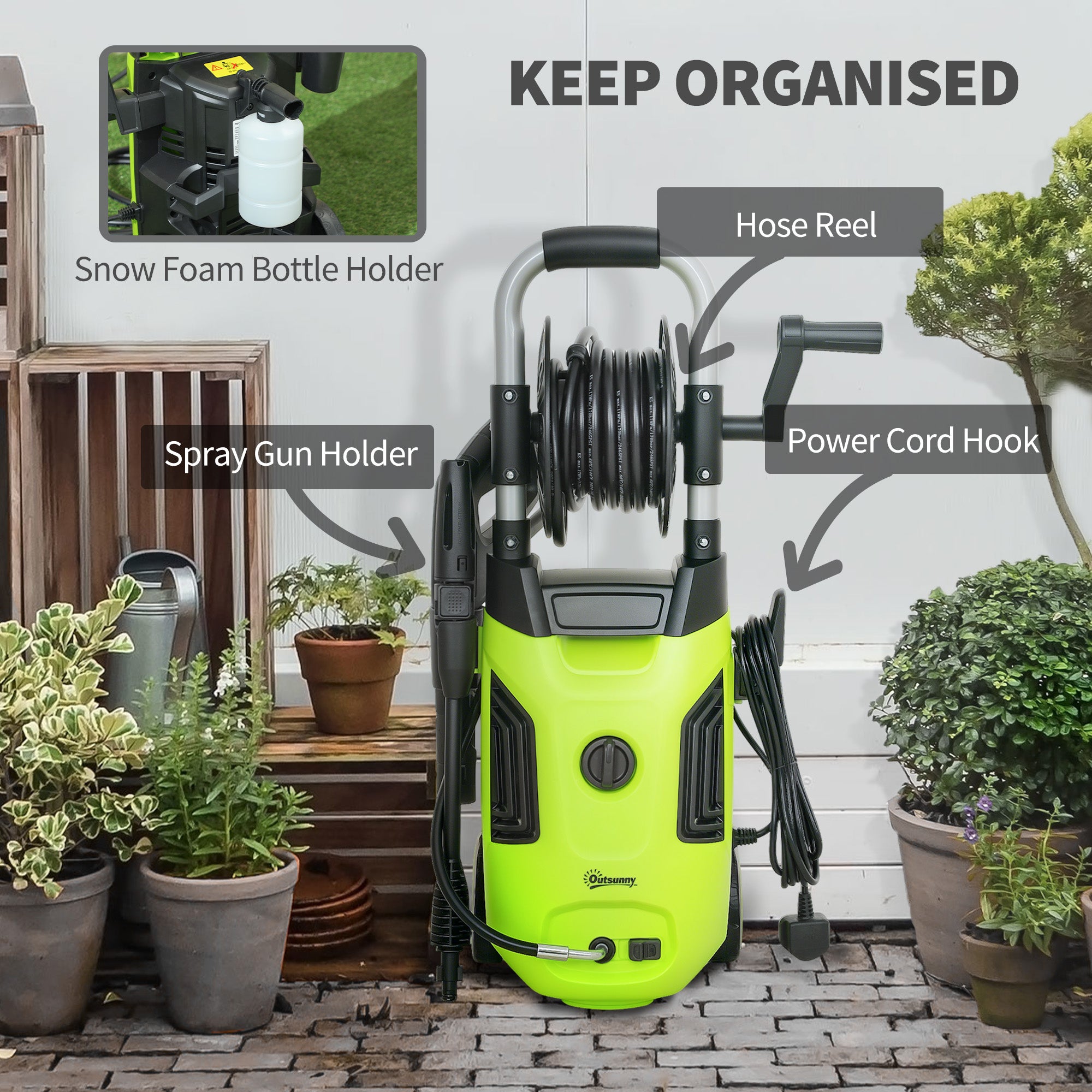 Outsunny 1800W High Pressure Washer, 150 Bar Pressure, 420 L/h Flow, Portable Power Washer Jet Wash Cleaner with Adjustable Nozzle, 6M Hose, Hose Reel, Steel Handle for Home Patio Car Driveway, Green - North Peak Garden Furniture