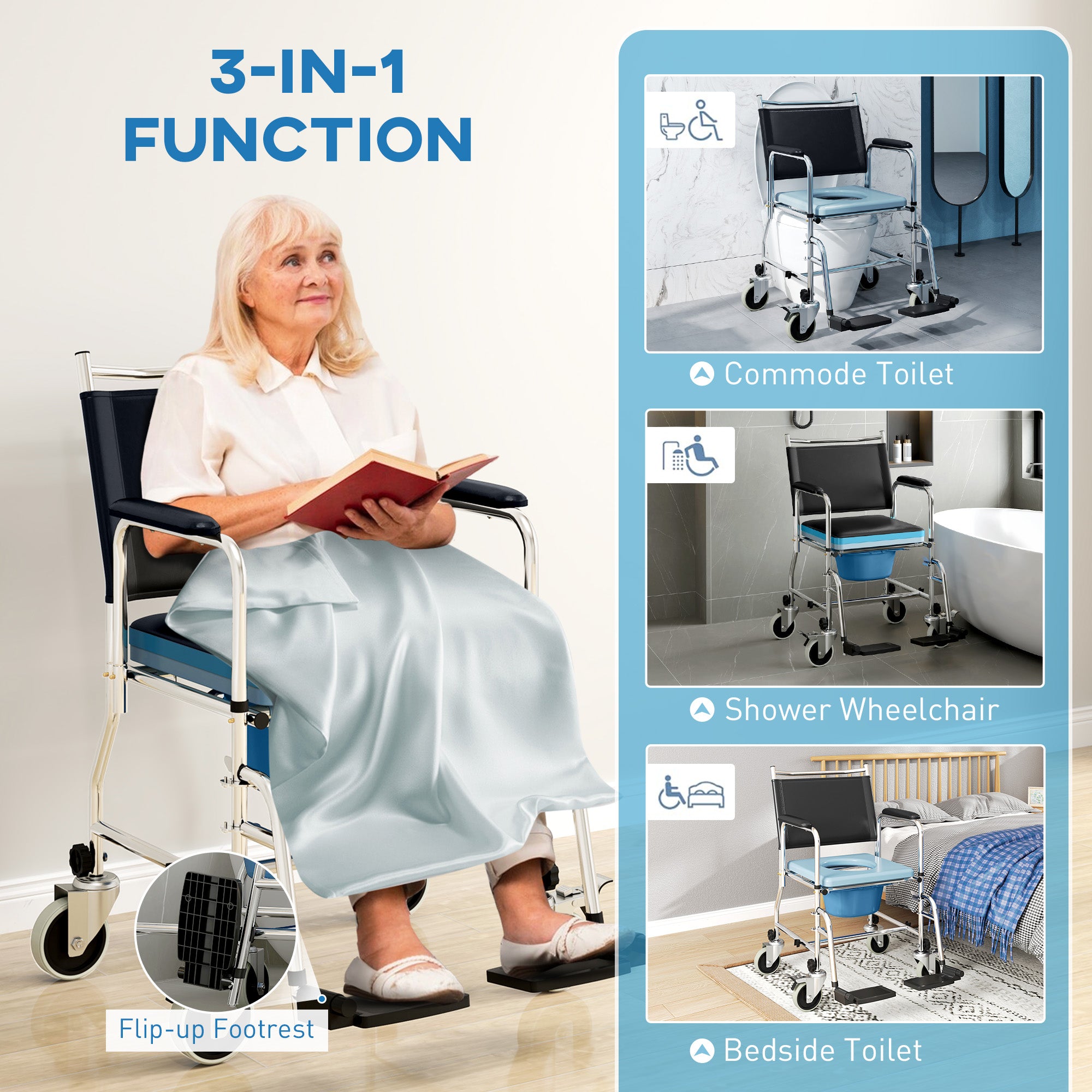 HOMCOM 3-In-1 Commode Wheelchair - Black - North Peak Garden Furniture