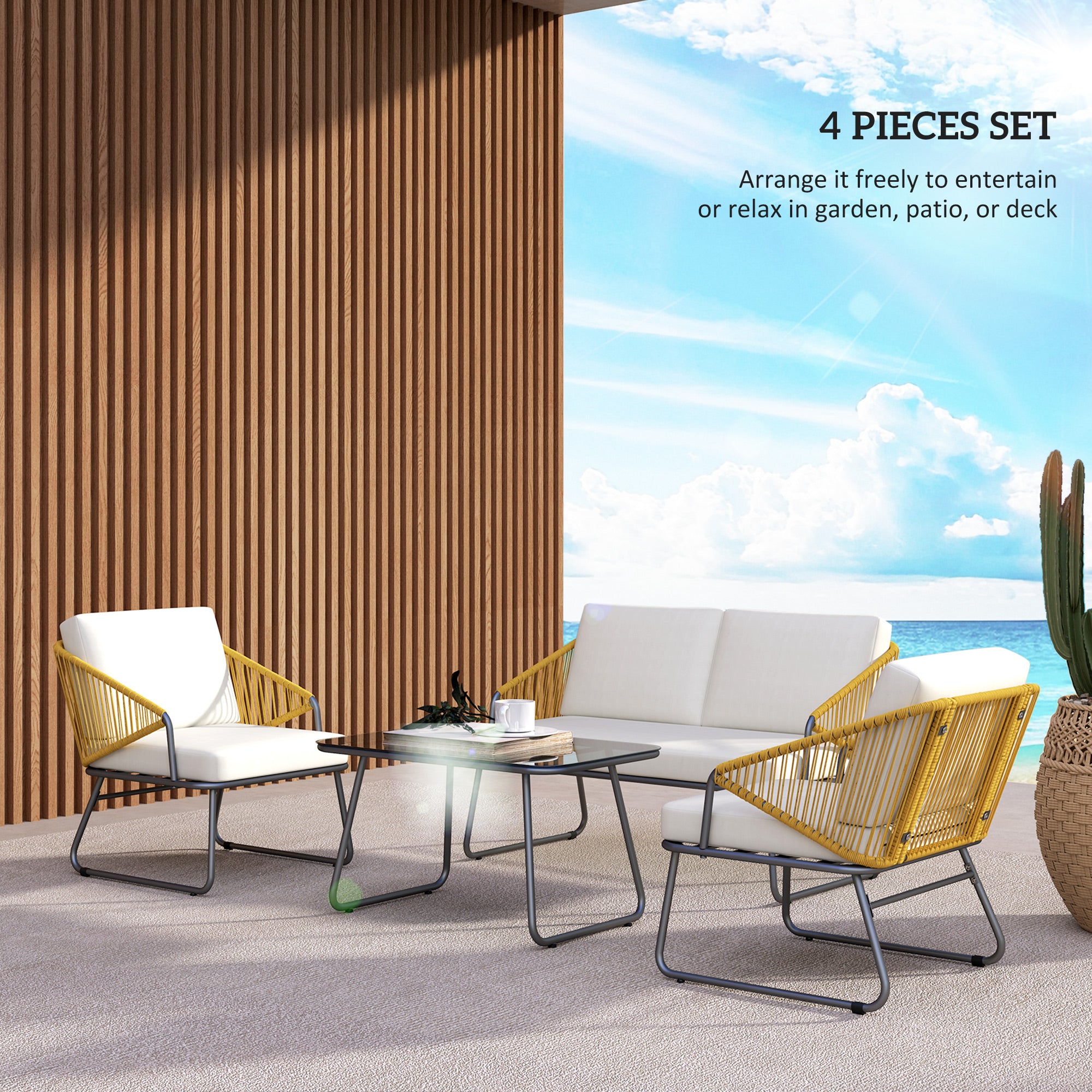 Outsunny Four-Piece Rattan Strong Panel Outdoor Sofa Set - Natural - North Peak Garden Furniture
