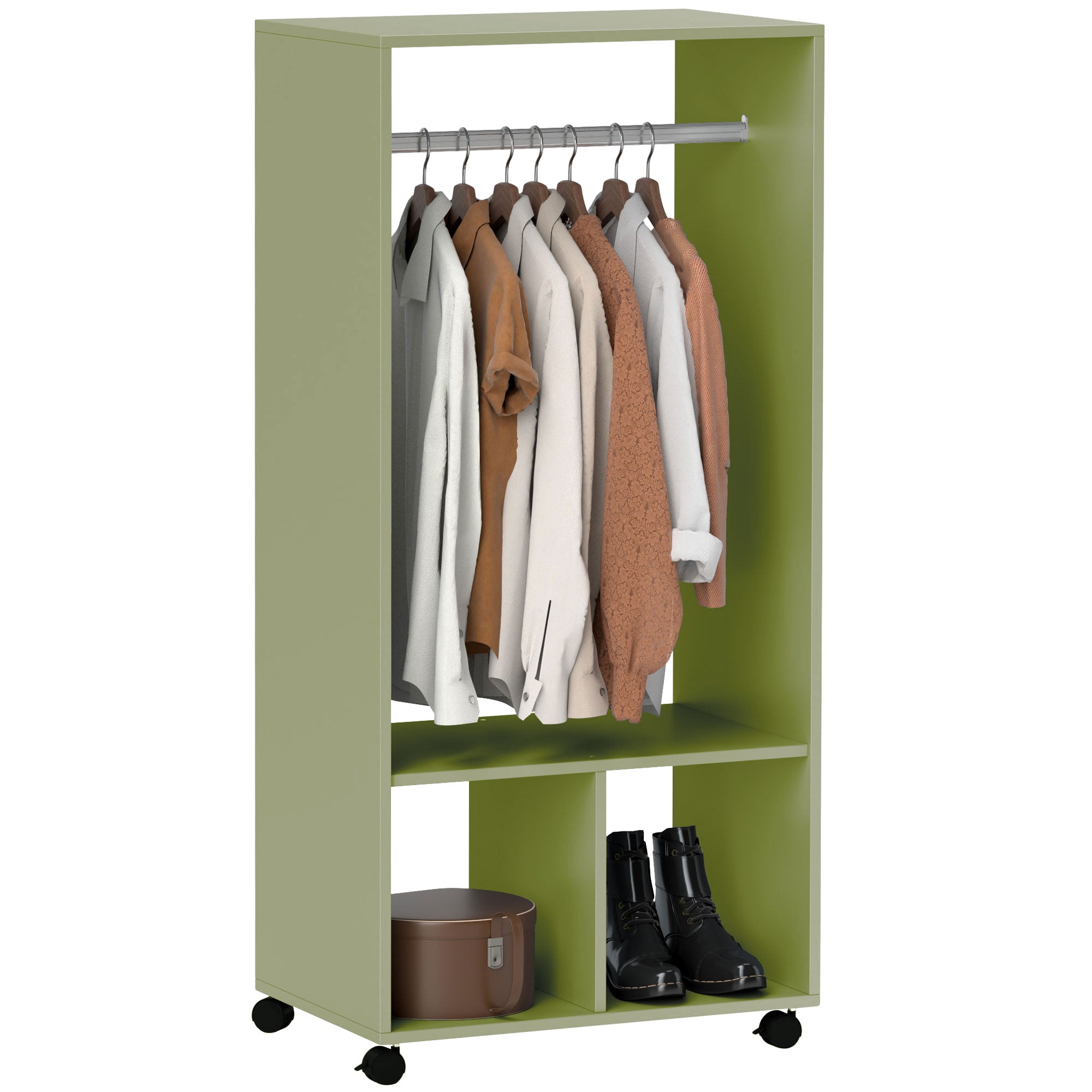 HOMCOM Open Wardrobe on Wheels, Bedroom Wardrobe with Clothes Hanging Rail, 2 Storage Shelves, Mobile Garment Rack for Cloakroom, Hallway, Green - North Peak Garden Furniture