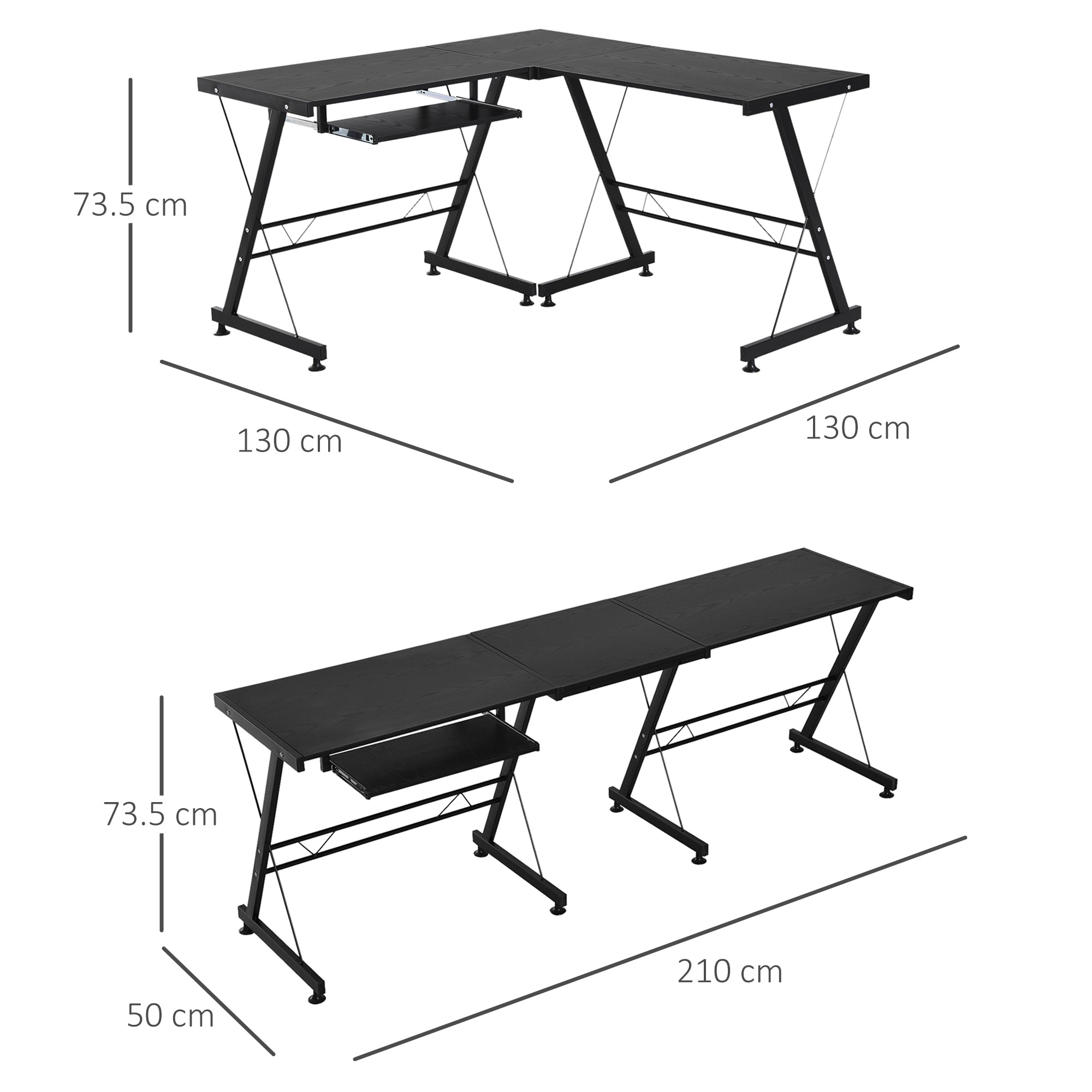 HOMCOM L Shaped Gaming Desk, Corner Computer Desk with Keyboard Tray, Work Table for Home Office, Study Workstation, 130 x 130 x 73.5cm, Black - North Peak Garden Furniture