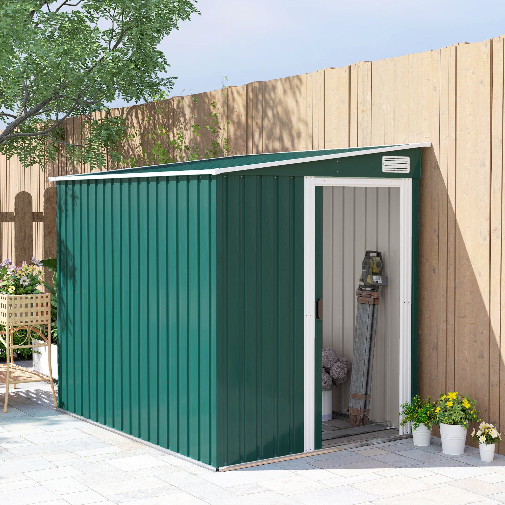 Outsunny 7 x 5ft Galvanised Metal Shed, with Sliding Door - Green - North Peak Garden Furniture