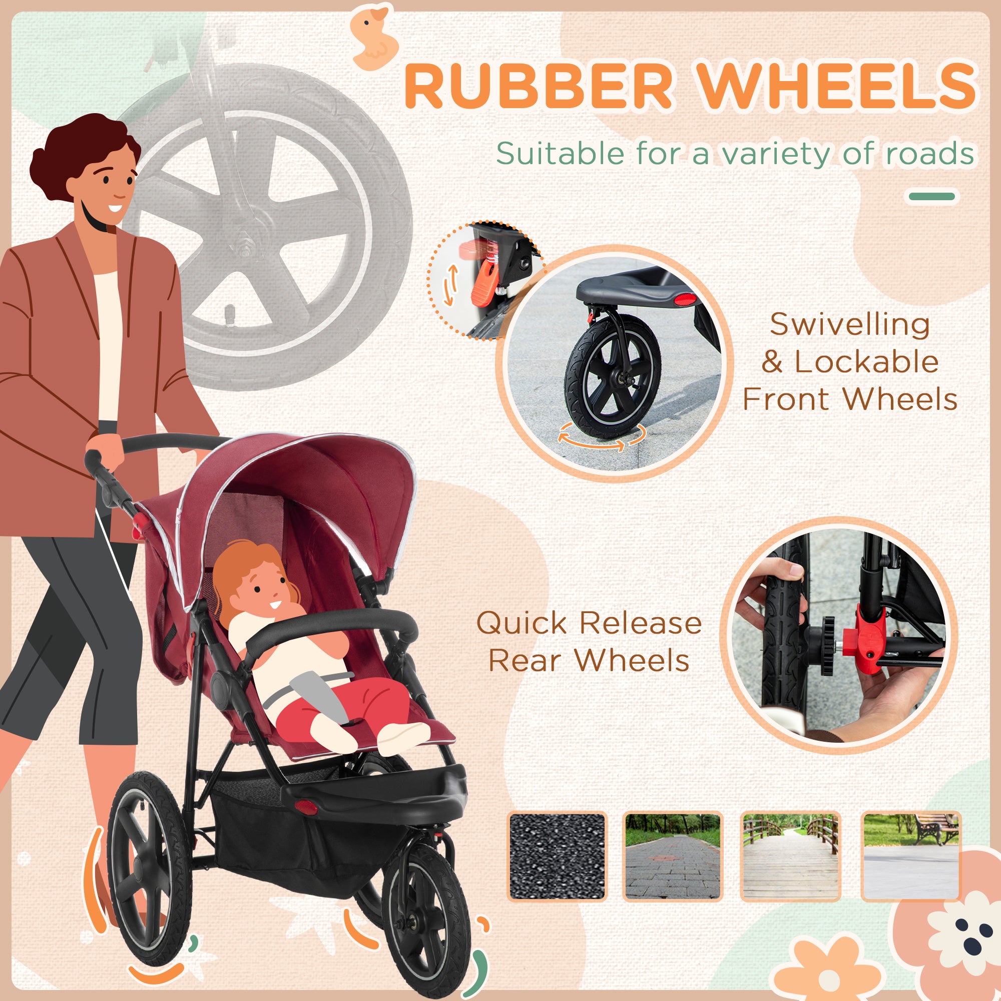 HOMCOM Foldable Three-Wheeler Baby Stroller w/ Canopy, Storage Basket - Red - North Peak Garden Furniture