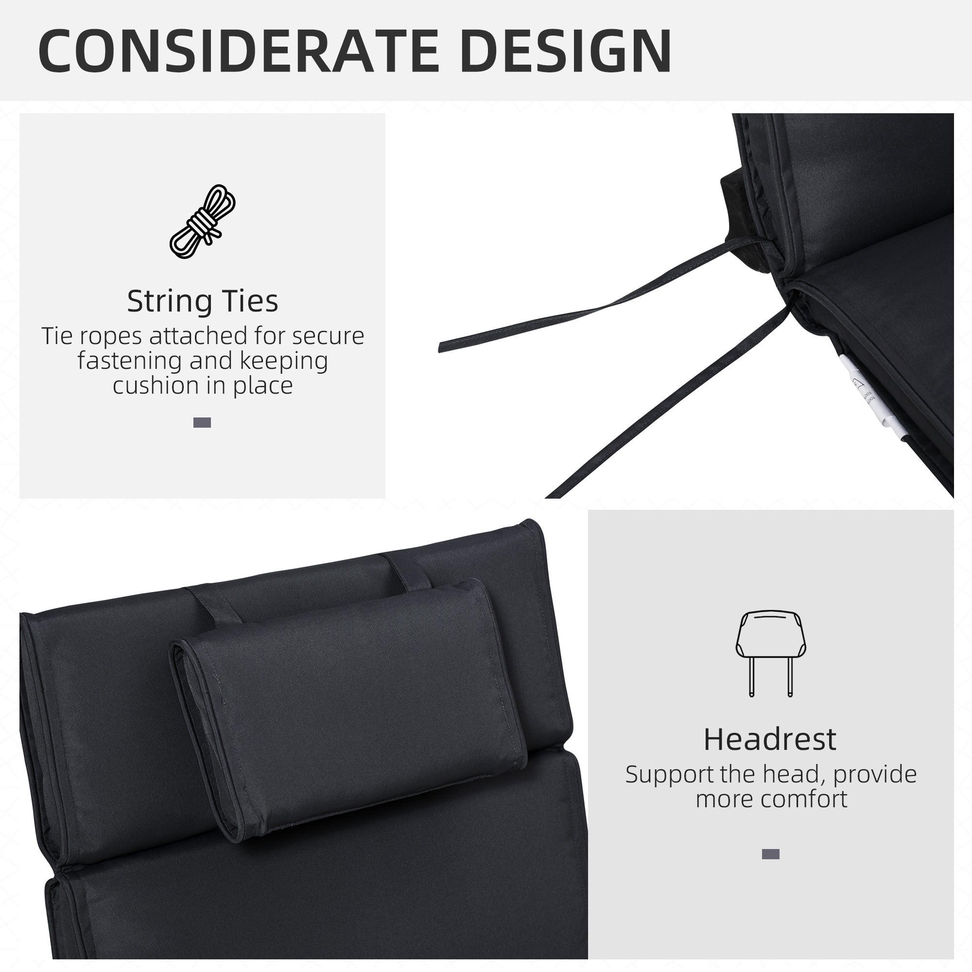 Outsunny Garden Sun Lounger Cushion Replacement Thick Sunbed Reclining Chair Relaxer Pad with Pillow - Black - North Peak Garden Furniture