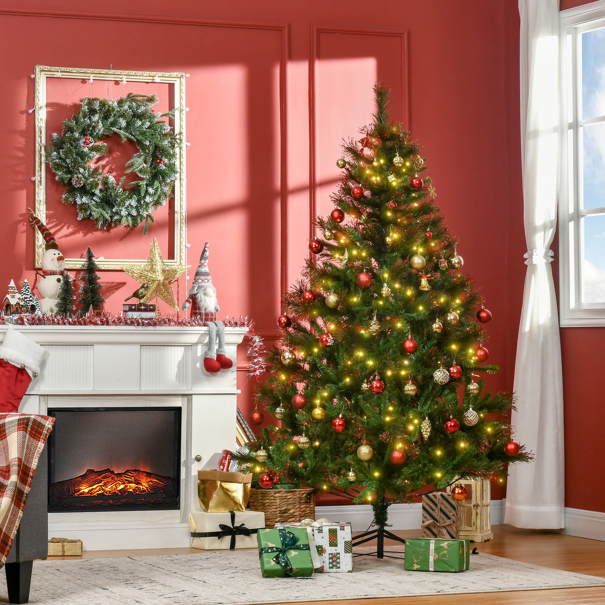 HOMCOM 1.8m 6ft Pre-Lit Christmas Tree Artificial Spruce Xmas Tree Warm White LED Holiday Décor with Metal Stand - North Peak Garden Furniture