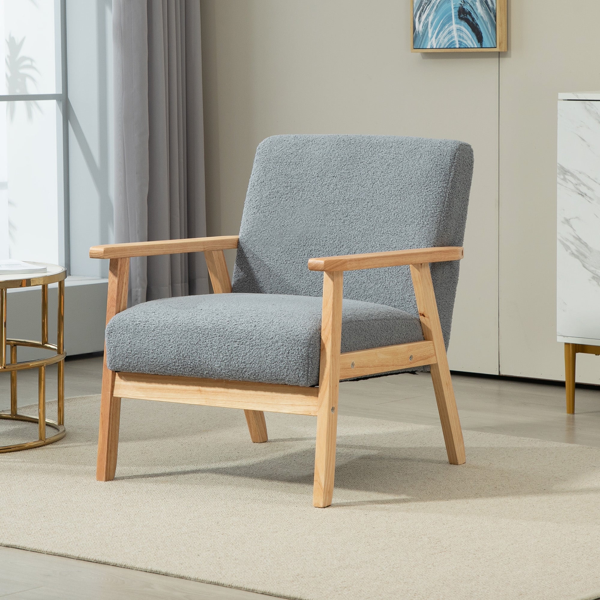 HOMCOM Accent Chair Wood Frame with Thick Cashmere Cushions Wide Seat Armchair Home Furniture Bedroom Office Grey - North Peak Garden Furniture