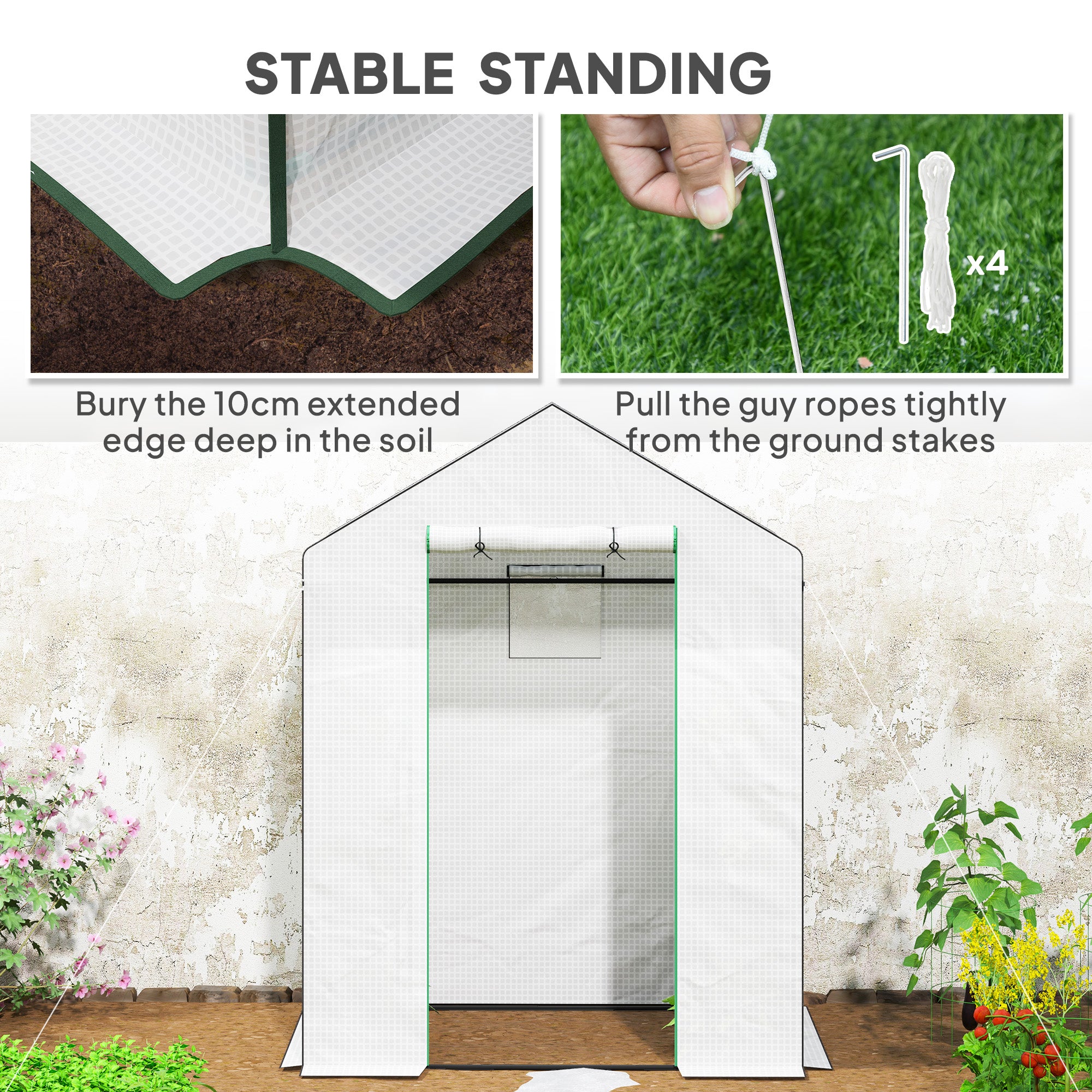 Outsunny Walk-in Greenhouse with 3 Tier 4 Shelves, Small Greenhouse with Reinforced PE Cover, Garden Plant Growhouse with Roll-up Door and Three Mesh Windows, 143 x 74 x 190 cm, White