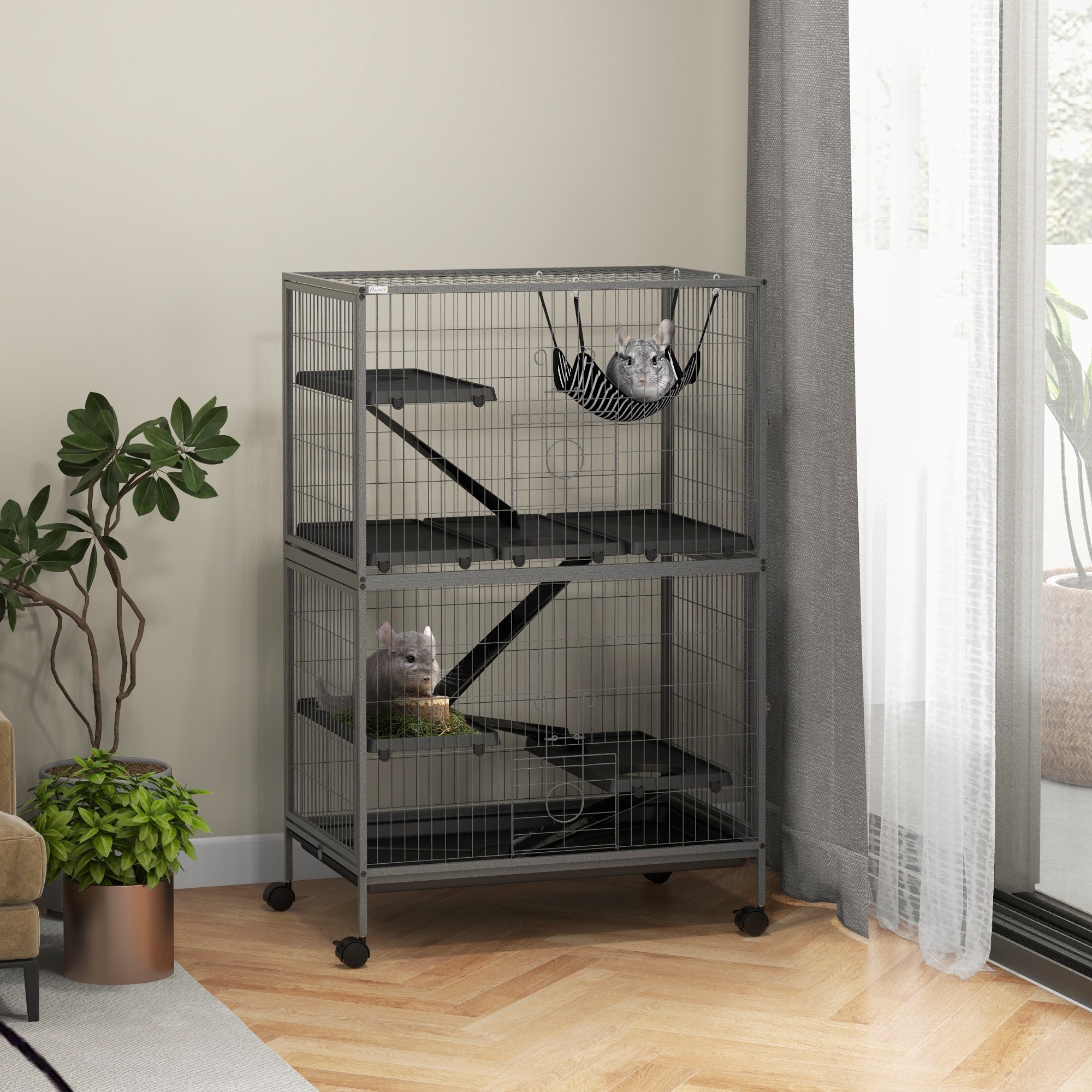 PawHut Small Animal Cage for Chinchilla Ferret Kitten on Wheels with Hammock Removable Tray, Grey - North Peak Garden Furniture