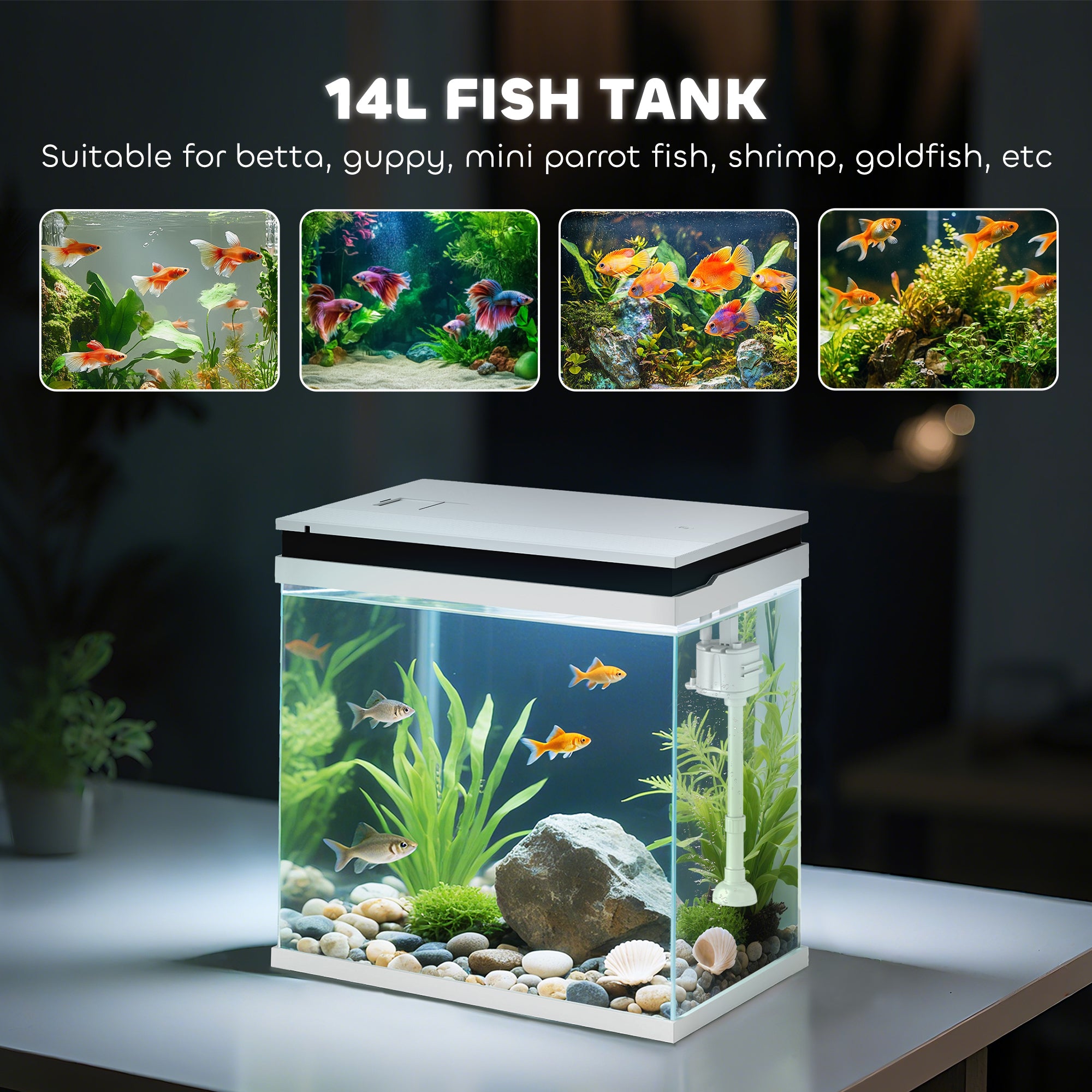 PawHut 14L Glass Fish Tank with Filter System, LED Lights, Water Pump, White - North Peak Garden Furniture