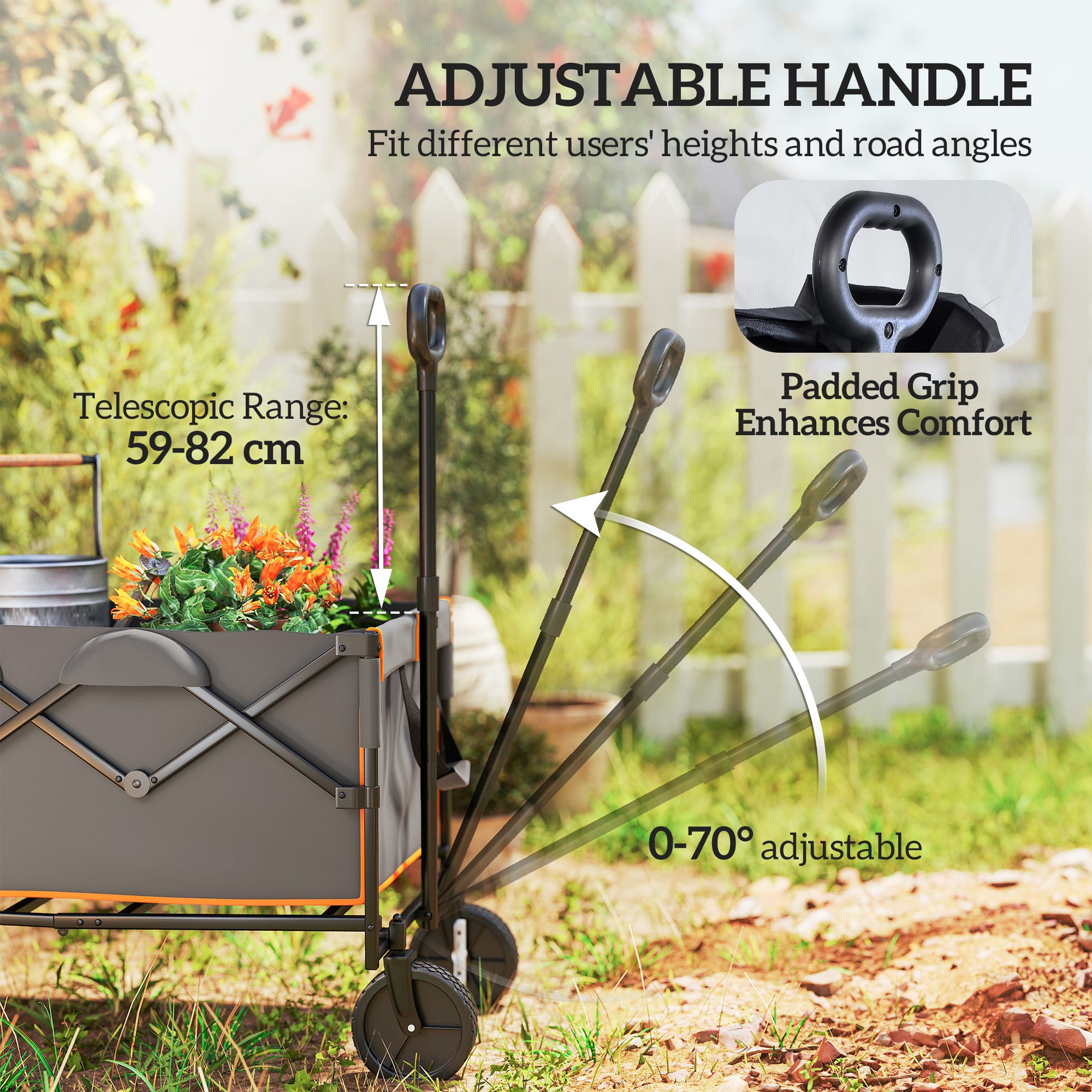 Outsunny 160L Festival Trolley on Wheels, Folding Camping Trolley Cart w/ Tailgate, 100kg Heavy Duty Garden Collapsible Folding Wagon w/Adjustable Handle, Carry Bag for Beach Picnic, Grey and Orange - North Peak Garden Furniture