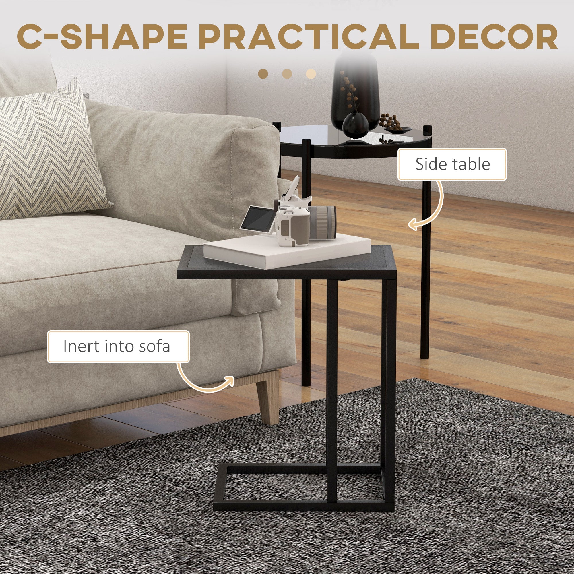HOMCOM C Shape Bedside Table w/Metal Frame Wood-Effect Top Sofa Narrow Snack End Table for Living Room, Black - North Peak Garden Furniture