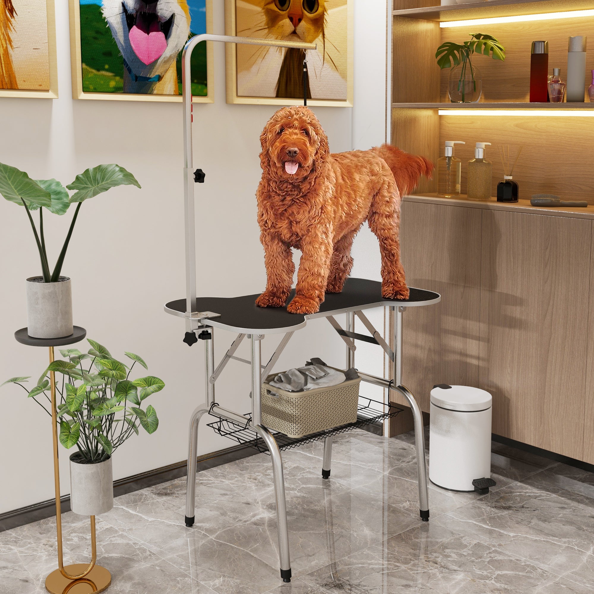 PawHut Foldable Dog Grooming Table Pet Drying Table with Adjustable Arm Non-Slip Rubber Tabletop Aluminium Alloy Edge Stainless Steel Bar Sling 94.5 x 55 x 81cm Black - North Peak Garden Furniture