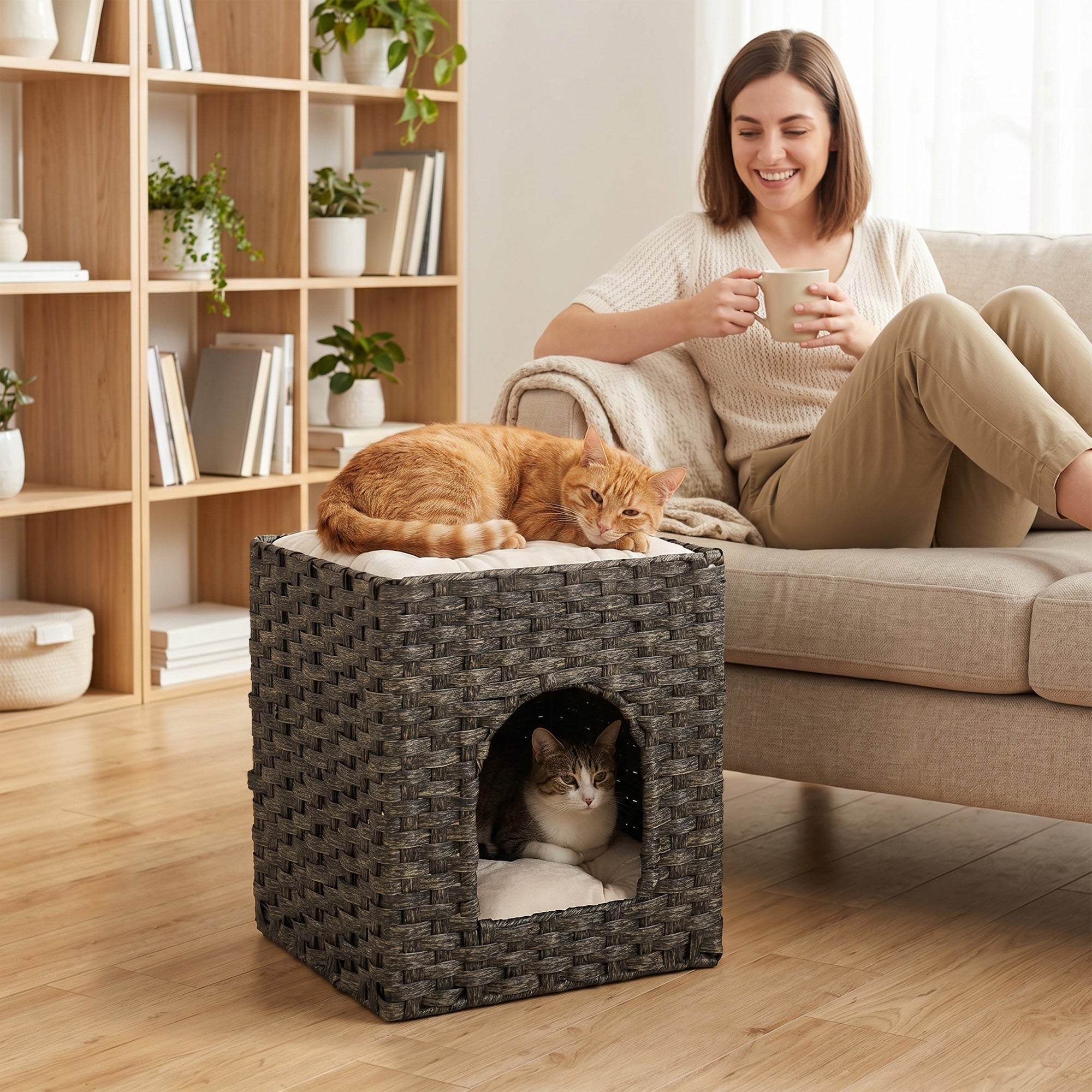 PawHut 2-Tier Wicker Cat House, Handwoven Rattan Cat Bed with Washable Cushions, Indoor Kitten Condo Hideaway
