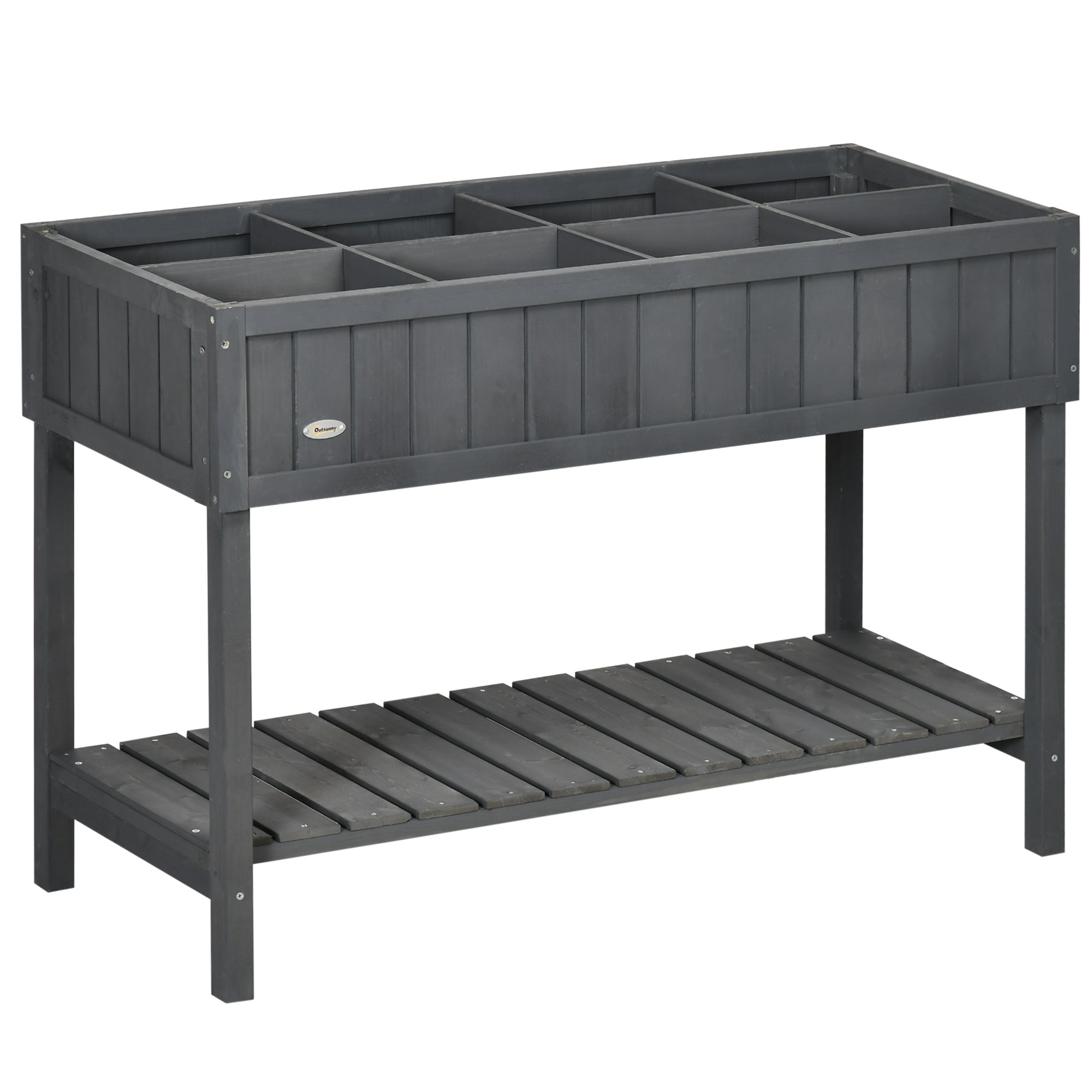 Outsunny Fir Wood Raised Rectangular 8 Compartment Plant Stand Dark Grey