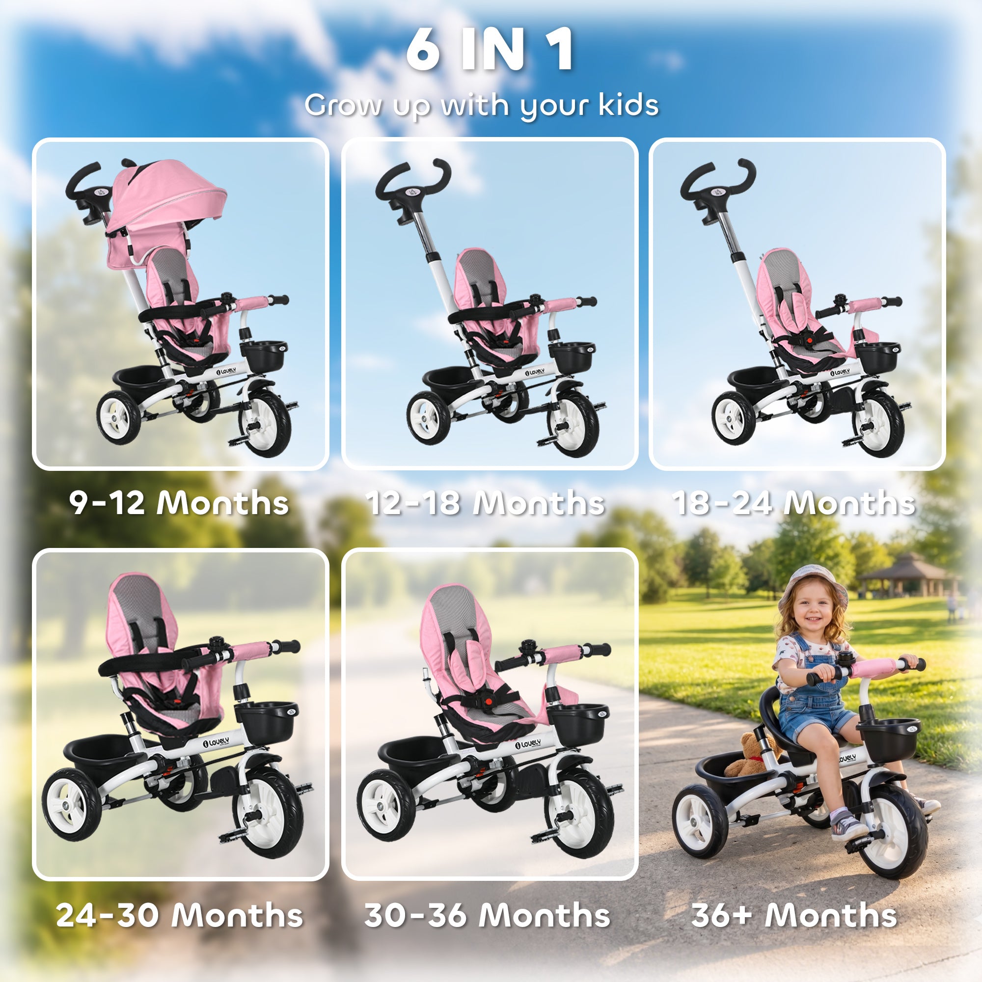 HOMCOM Metal Frame 6 in 1 Baby Push Tricycle with Parent Handle for 1-5 Years Old, Pink