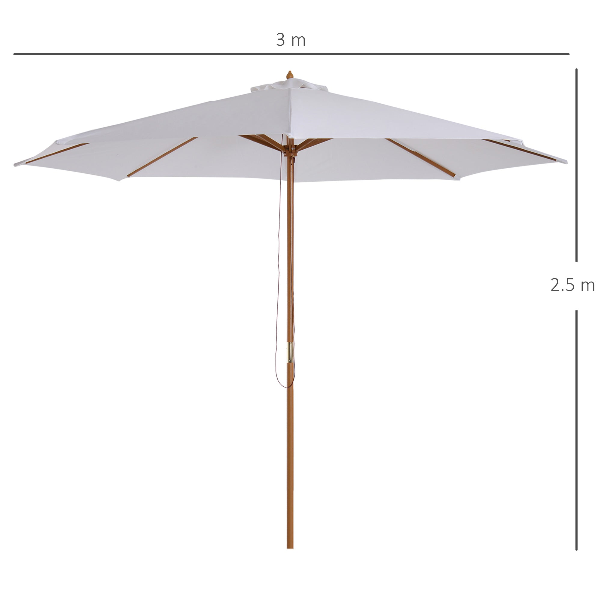 Outsunny 3(m) Garden Parasol, Pulley Operated Patio Umbrella, Wooden Table Market Umbrella with Rope Pulley Mechanism and 8 Ribs, Cream White - North Peak Garden Furniture