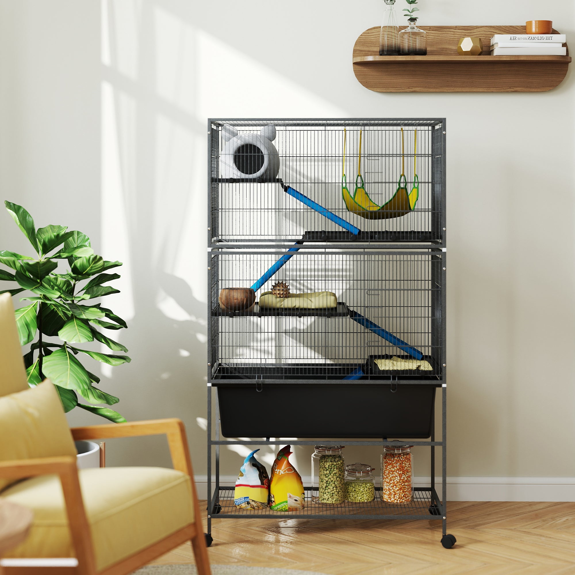 PawHut 5 Levels Rolling Small Animal Cage with Non Slip Ramps, Slide Out 16cm Deep Tray, 88 x 48 x 150.5cm, Dark Grey - North Peak Garden Furniture