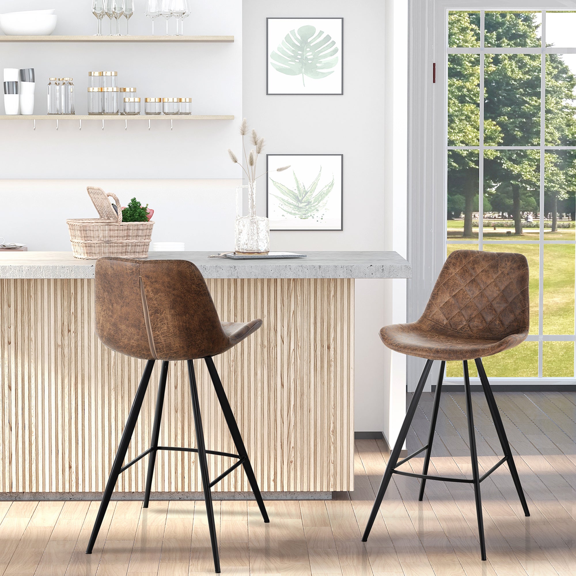 HOMCOM Set Of 2 Bar Stools Vintage Microfiber Cloth Tub Seats Padded Comfortable Steel Frame Footrest Quilted Home Bar Cafe Kitchen Chair Stylish Brown - North Peak Garden Furniture