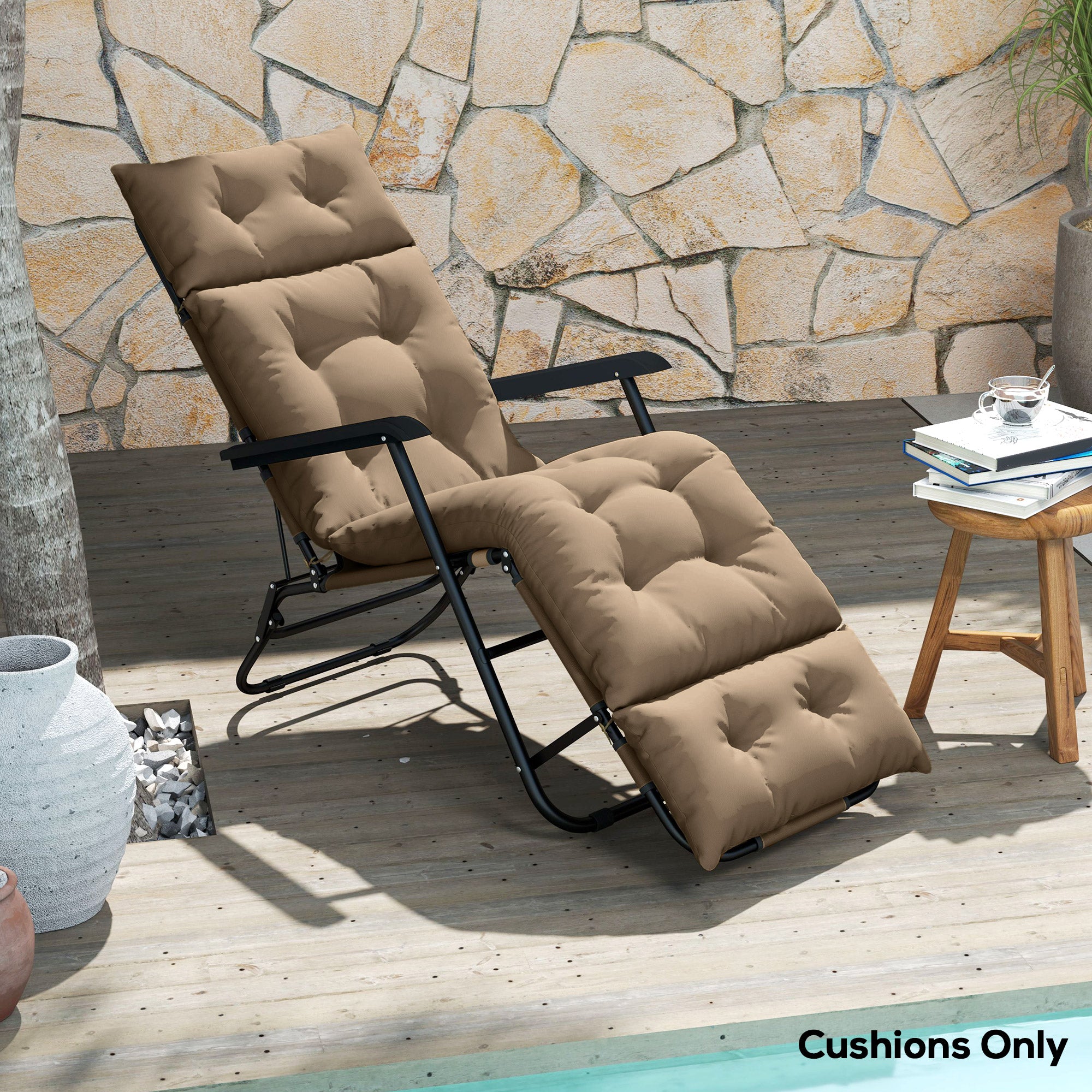 Outsunny Sun Lounger Cushion Only, 190x56x10cm Garden Lounge Chair Cushion, UPF20+ 220gsm Fabric, Thick Sunbed Replacement Cushion with 6 Ties, Khaki