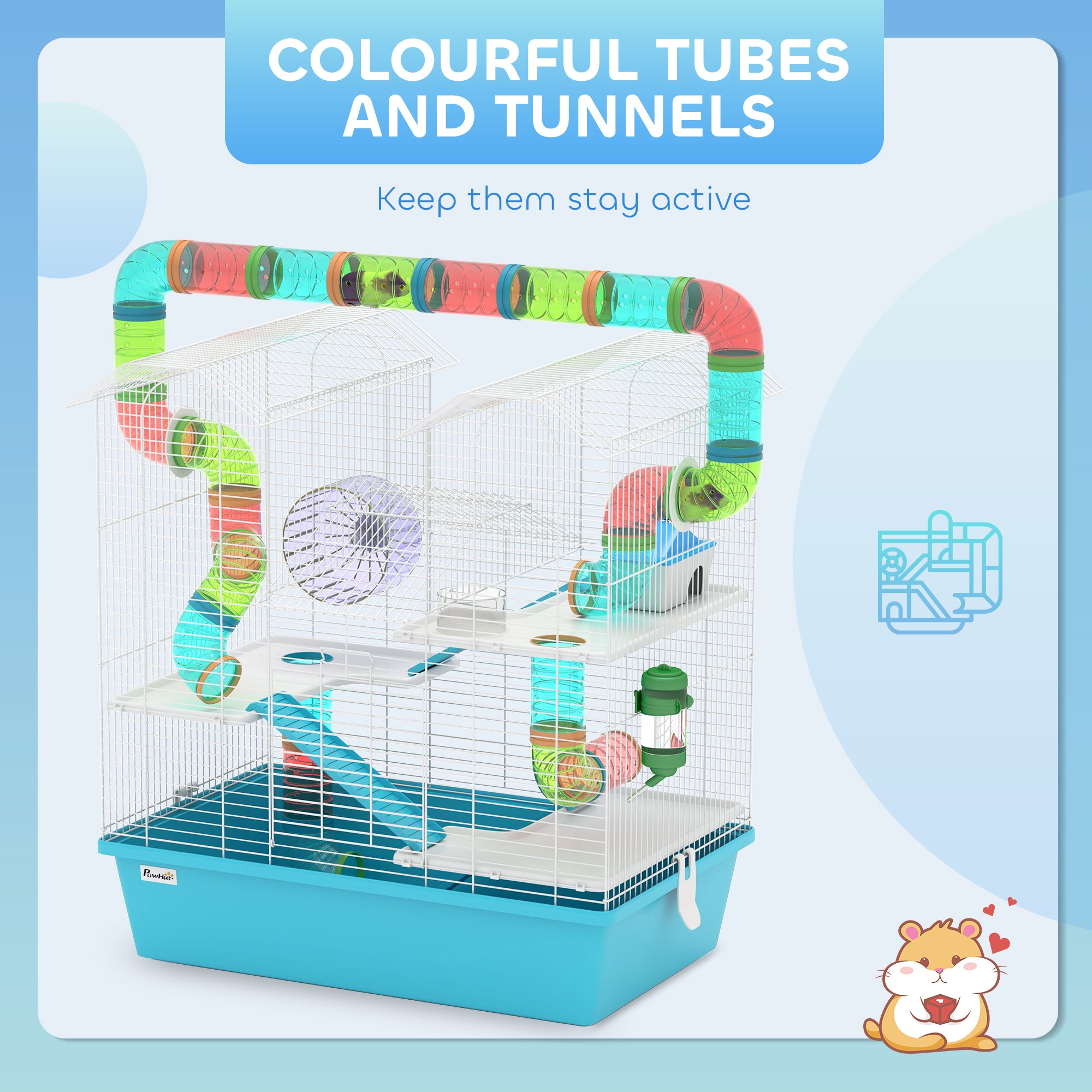 PawHut 4 Tier Hamster Cage w/ Tubes, Exercise Wheel, Hut, Water Bottle, Food Dish, Ramps, for Drawf, 58 x 36 x 65cm, Light Blue