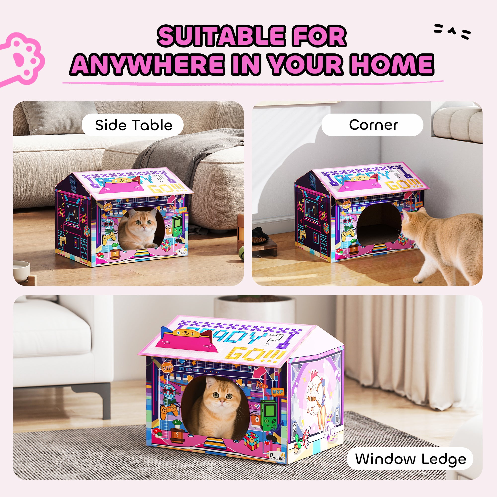 PawHut 2 in 1 Gaming Style Cardboard Cat House with Scratching Board & Catnip for Indoor Cats, Pink