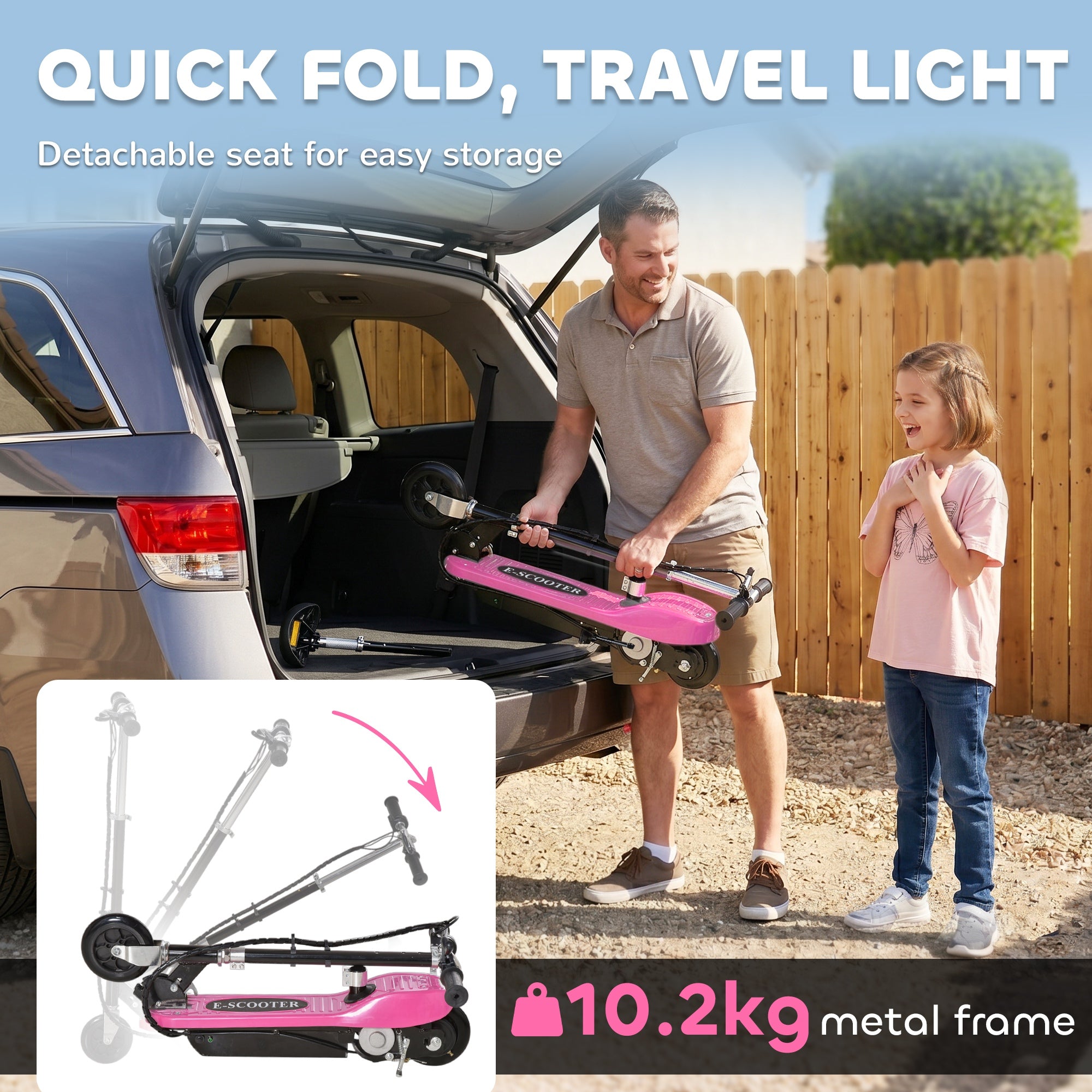 HOMCOM 120W Foldable Powered Scooters with 24V Rechargeable Battery, Adjustable Ride on Toy (Pink)