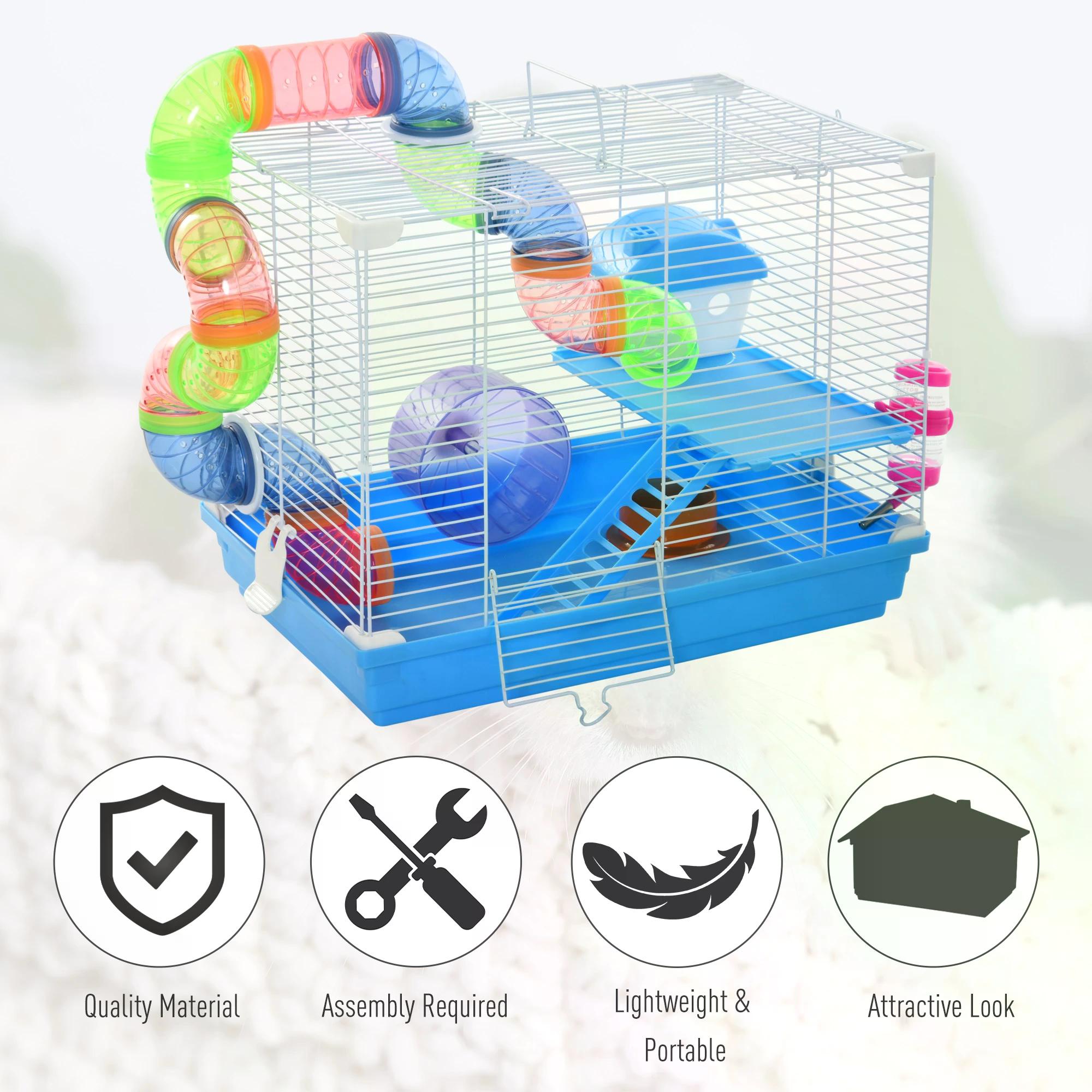 Pawhut 2 Tier Hamster Cage Carrier Habitat Small Animal House with Exercise Wheels Tunnel Tube Water Bottle Dishes House Ladder for Dwarf Mice, Blue