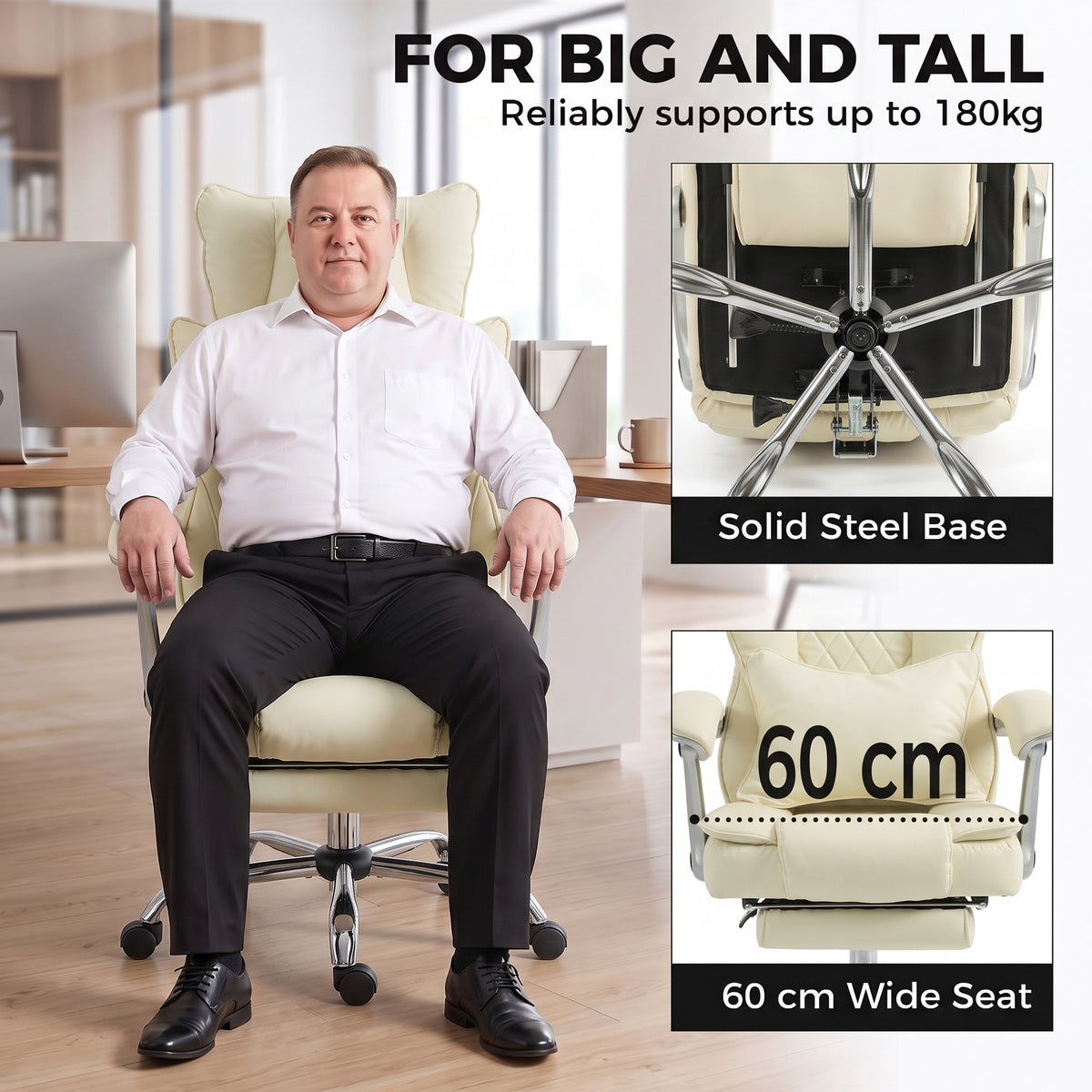 HOMCOM Executive Office Chair, PU Big and Tall Office Chair 180 kg with Wide Seat, Reclining, Lumbar Support, Beige