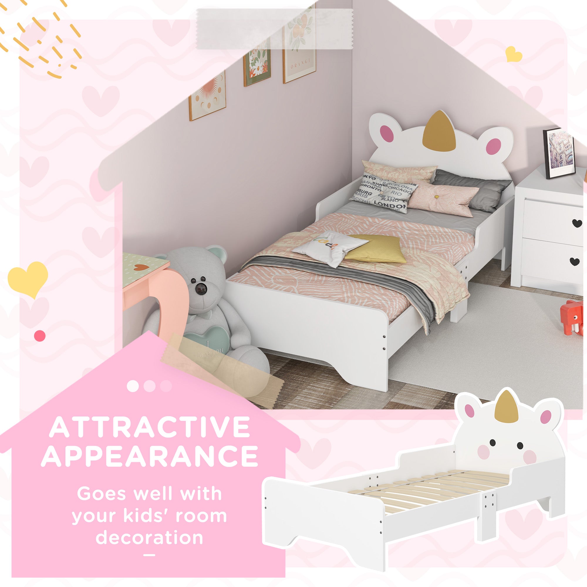 ZONEKIZ Unicorn-Designed Toddler Bed, Kids Bedroom Furniture, for Ages 3-6 Years, 143 x 74 x 67cm - White - North Peak Garden Furniture