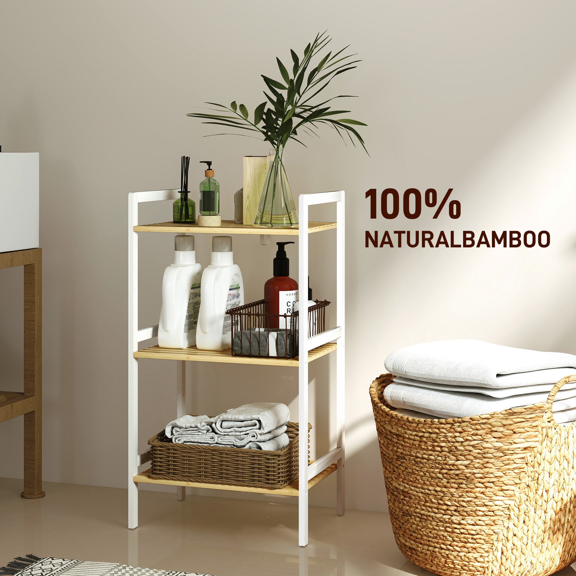 HOMCOM Three-Tier Bamboo Adjustable Shelf Storage Unit - North Peak Garden Furniture