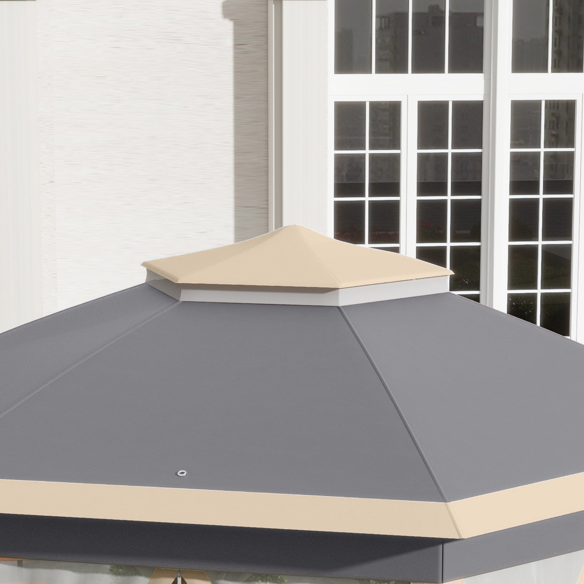Outsunny Hexagon Pop Up Gazebo Outdoor Patio Gazebo Double Roof Instant Shelter with Netting, 3 x 4m, Khaki - North Peak Garden Furniture