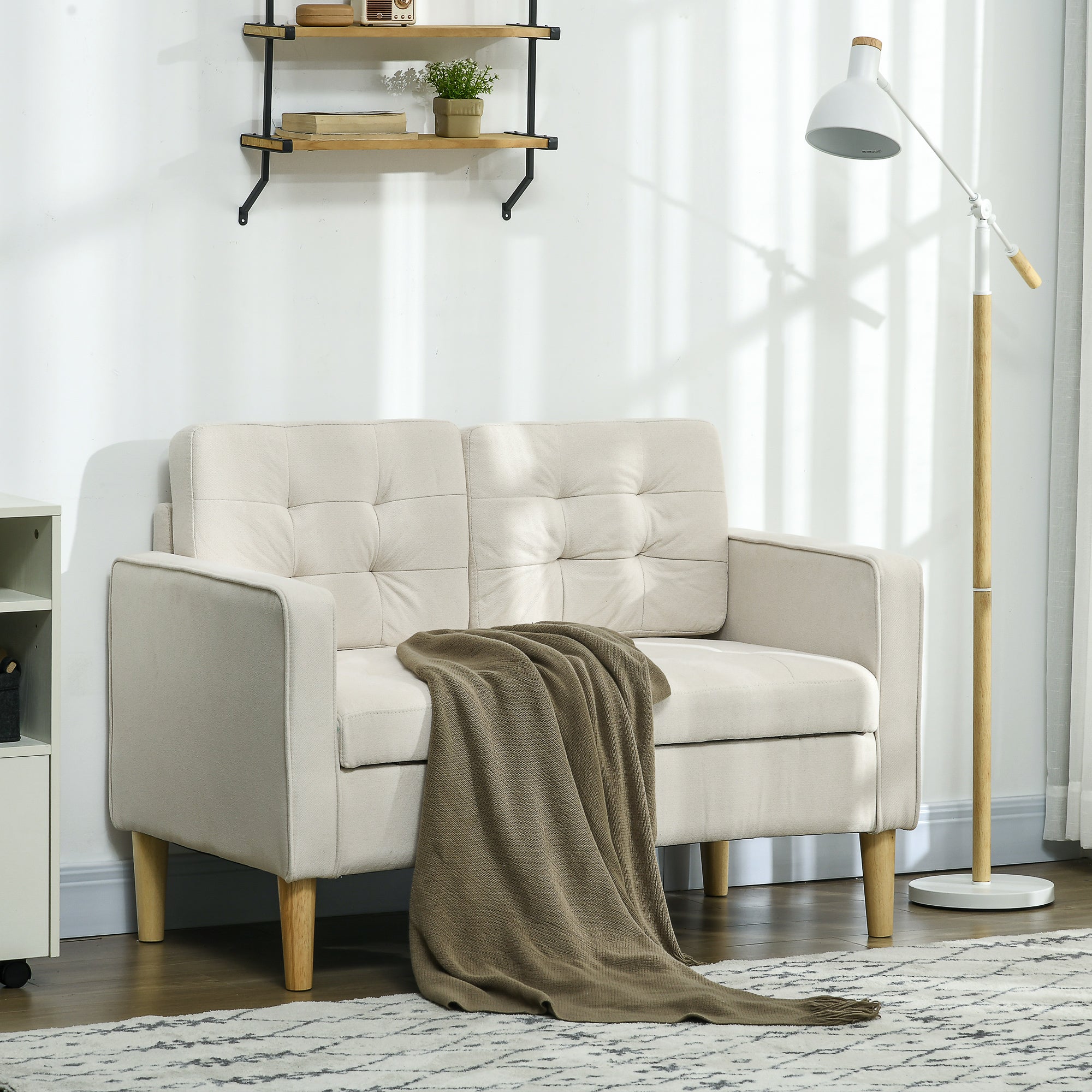 HOMCOM Modern Loveseat Sofa, Compact 2 Seater Sofa with Hidden Storage, 117cm Tufted Cotton Couch with Wood Legs, Cream White - North Peak Garden Furniture