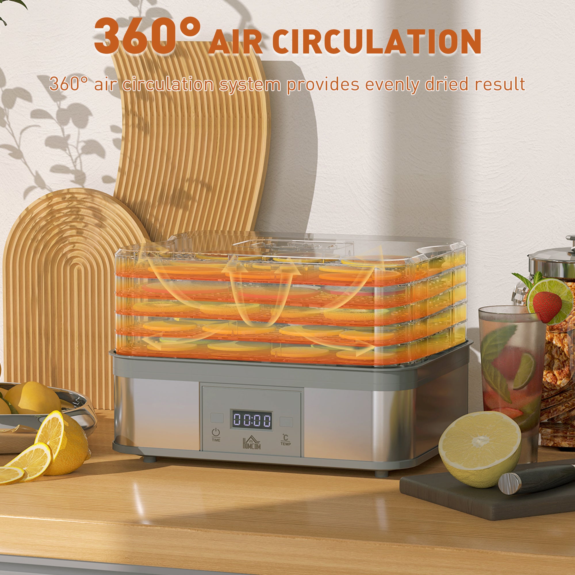 HOMCOM 5 Tier Food Dehydrator, 245W Stainless Steel Food Dryer Machine with Adjustable Temperature, Timer and LCD Display for Drying Fruit, Meat, Vegetable, Jerky and Pet Treat, Grey - North Peak Garden Furniture