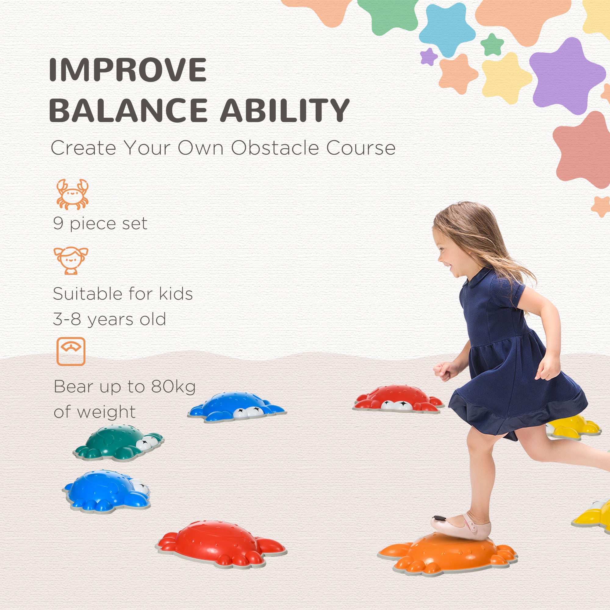 ZONEKIZ 9PCs Kids Stepping Stones with TPE Anti-Slip Edge, Crab-Designed Balance River Stones, Obstacle Courses, Stackable - North Peak Garden Furniture