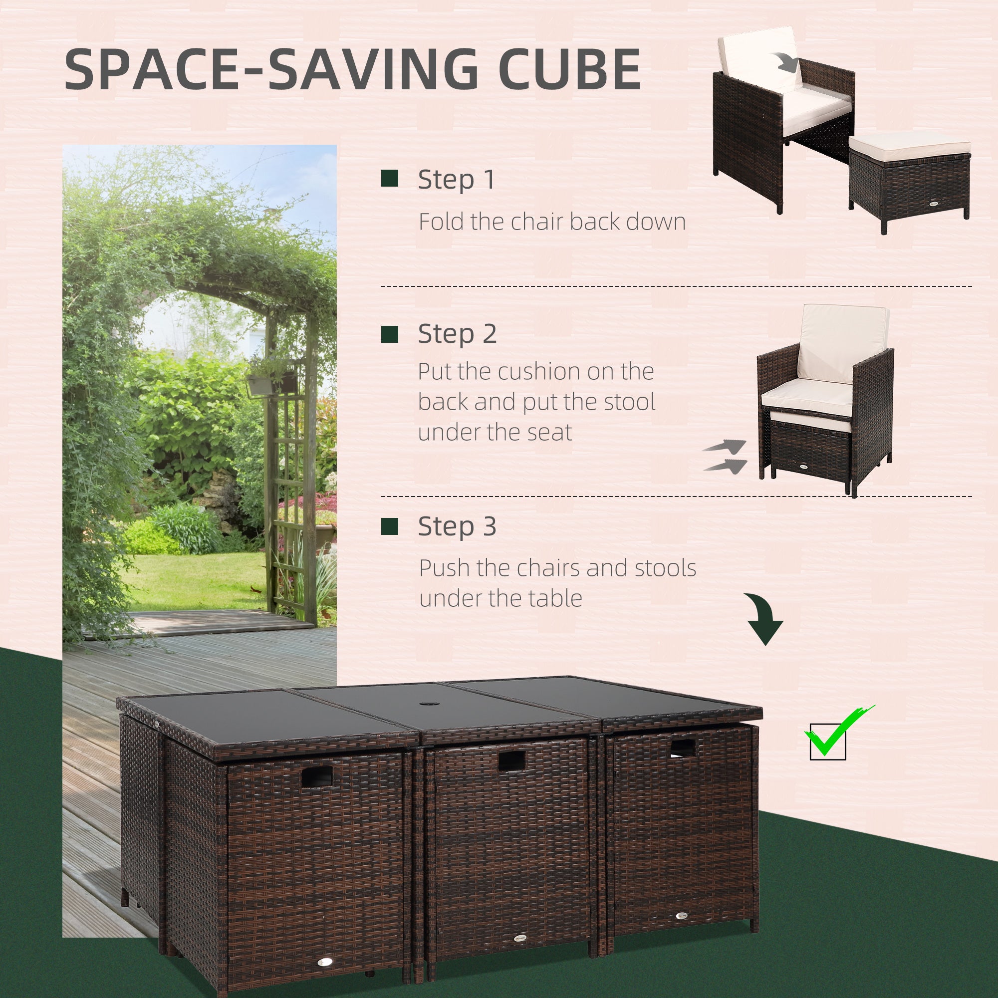Outsunny 10 Seater Rattan Cube Garden Furniture Set with Parasol Hole, Rattan Dining Set with Cushions, Outdoor Dining Table and Chairs with Rectangular Glass Top Table for Patio, Mixed Brown - North Peak Garden Furniture