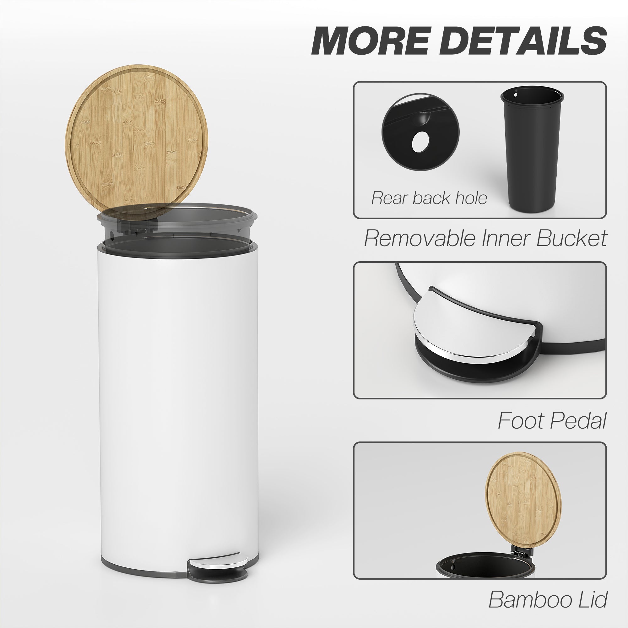 HOMCOM Kitchen Bin, 30 Litre Pedal Rubbish Bin with Removable Bucket, White and Natural