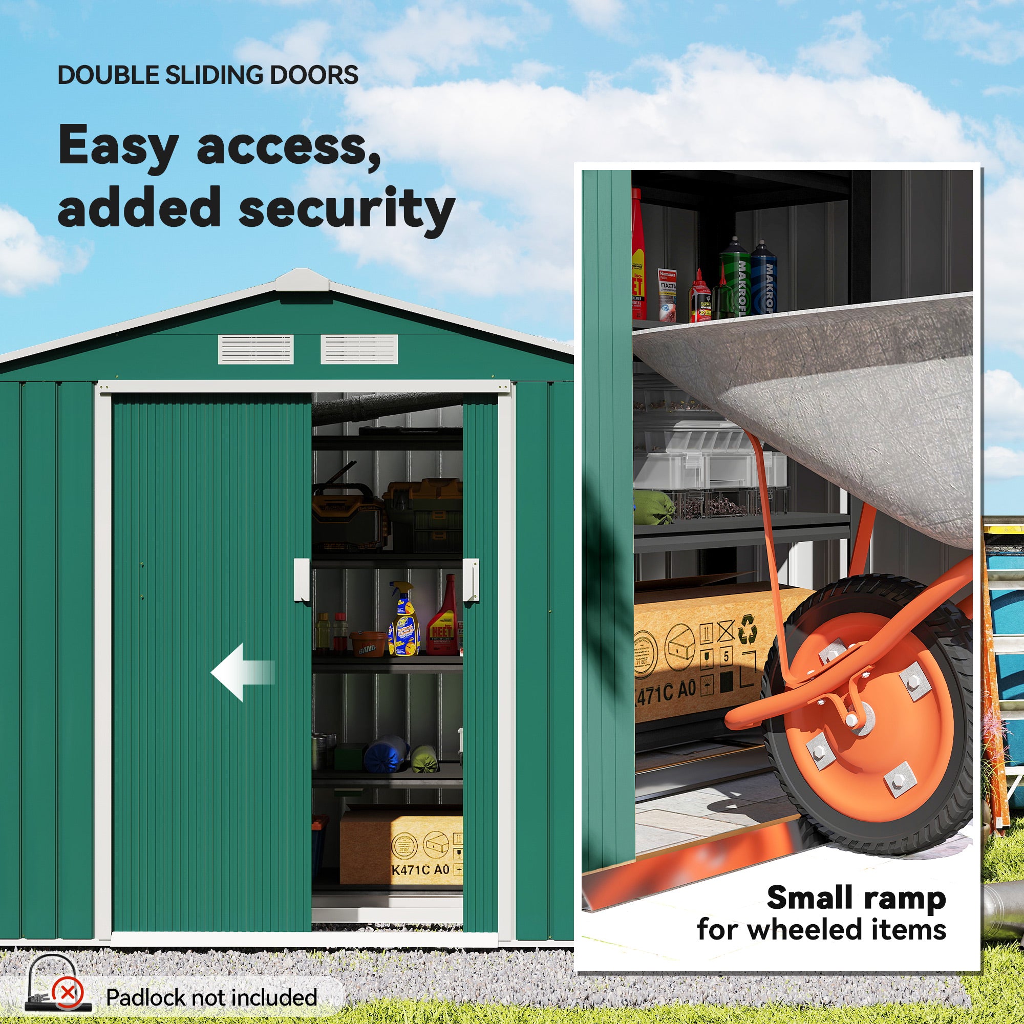 Outsunny 7 x 4ft Metal Garden Shed, Outdoor Storage Tool House with Ventilation Slots, Foundation Kit and Lockable Double Doors, Green