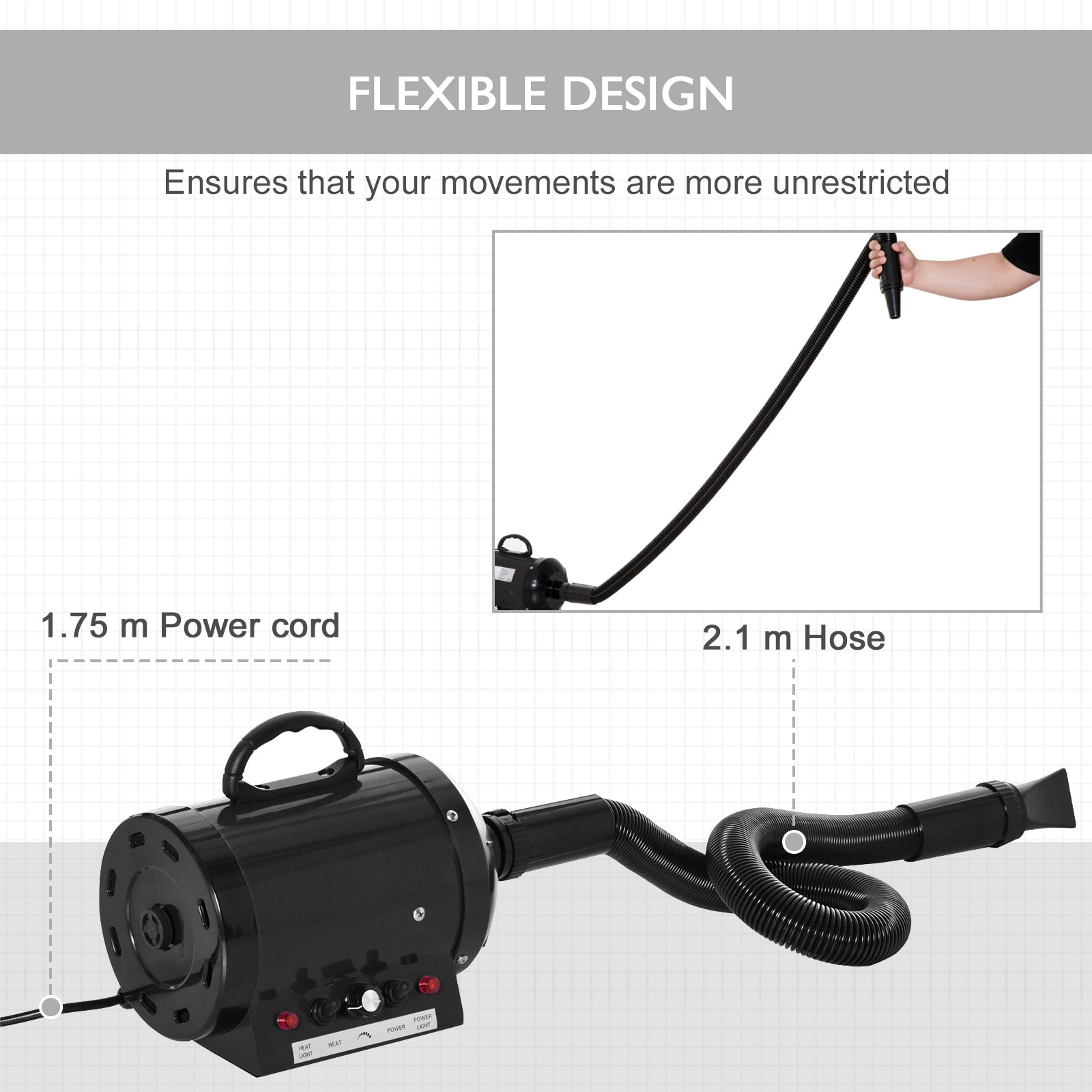 PawHut 2800W Dog Hair Dryer Pet Grooming Blaster Water Blower Dryer w/ 3 Nozzles, Black - North Peak Garden Furniture