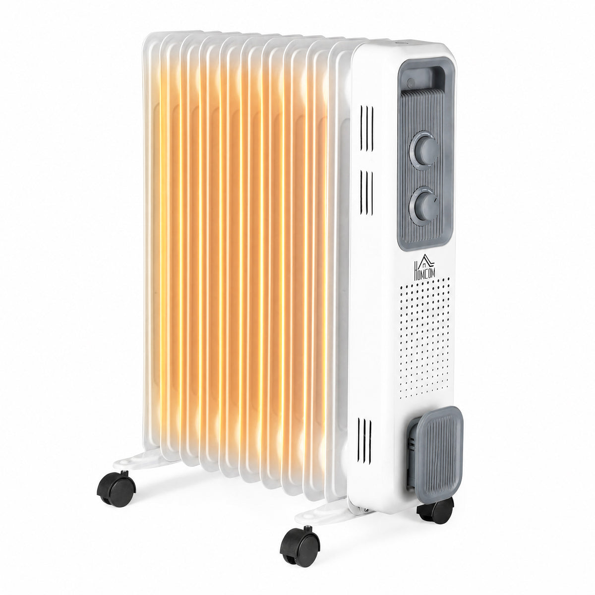 HOMCOM 2500W Oil Filled Radiator, 11 Fin, Portable Electric Heater with 3 Heat Settings, Safety Cut-Off and Wheels, White