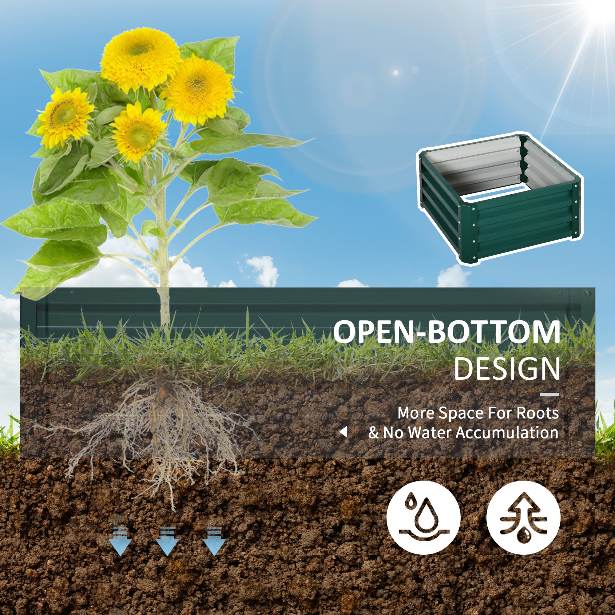 Outsunny Set of 2 Raised Garden Bed, Outdoor Elevated Galvanised Planter Box for Flowers, Herbs, 60x60x30.5cm, Green - North Peak Garden Furniture
