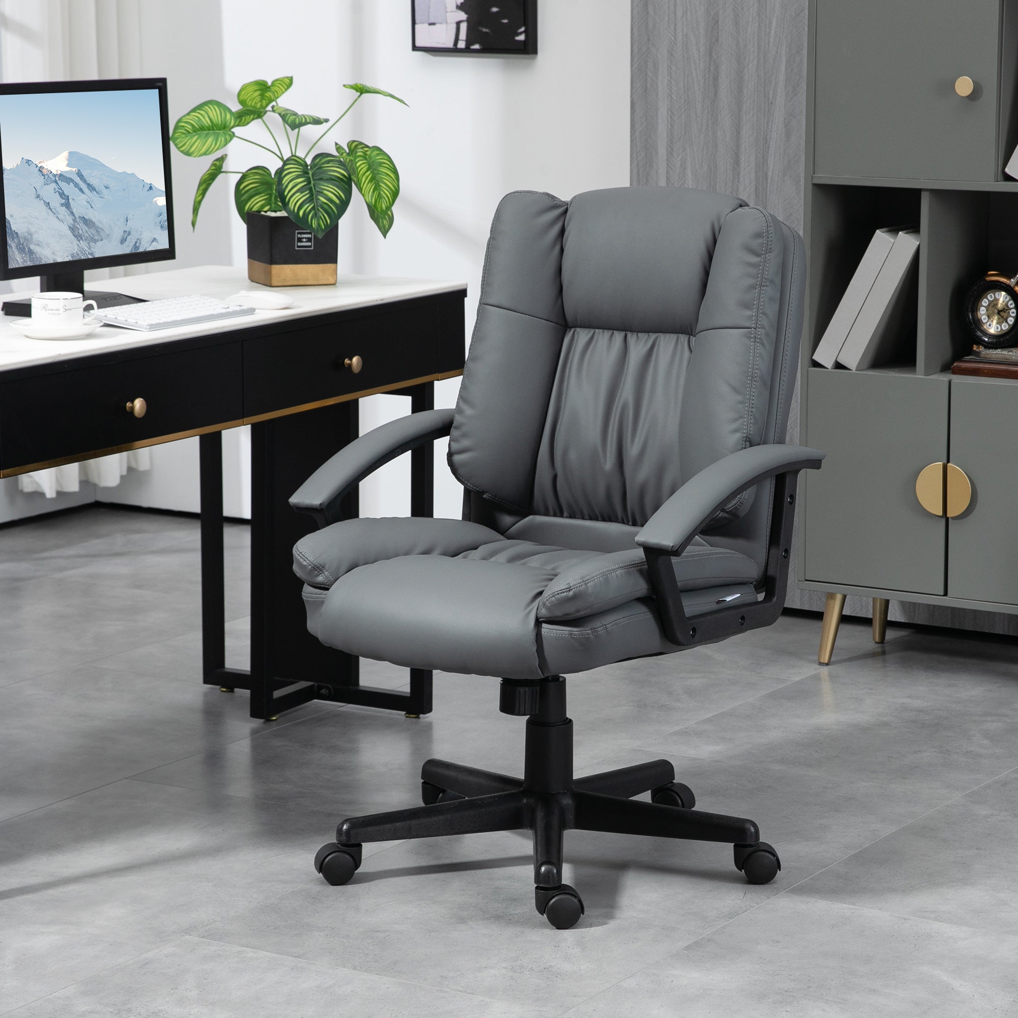 HOMCOM Office Chair, Faux Leather Computer Desk Chair, Mid Back Executive Chair with Adjustable Height and Swivel Rolling Wheels for Home Study, Dark Grey