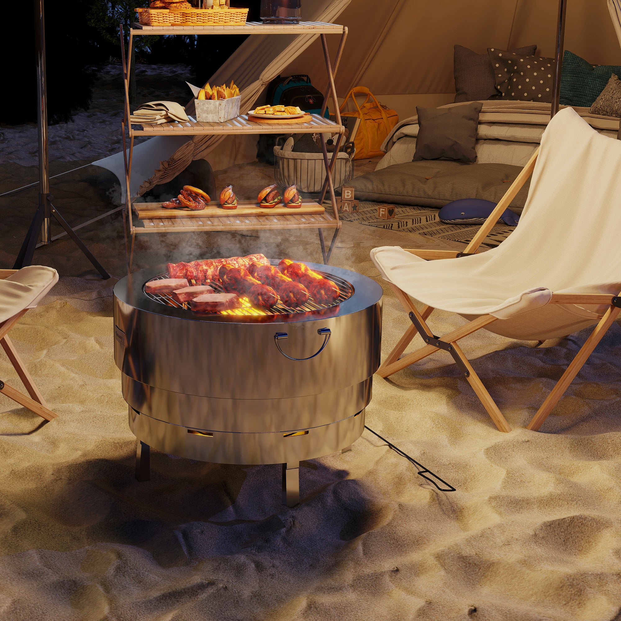 Outsunny Stainless Steel Wood-burning Fire Pit with Fire Poker - Silver - North Peak Garden Furniture