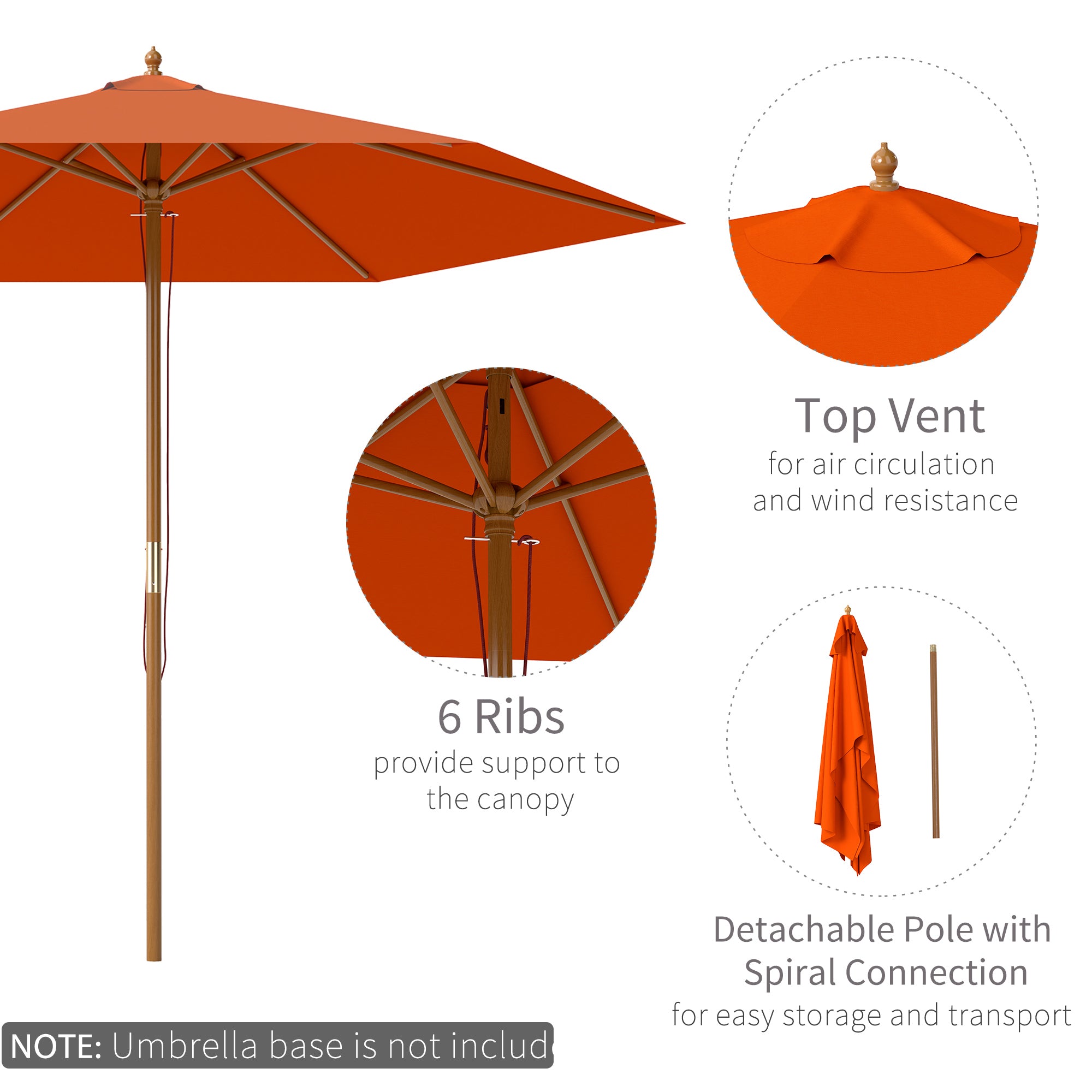 Outsunny 2.5m Wood Garden Parasol Sun Shade Patio Outdoor Wooden Umbrella Canopy Orange - North Peak Garden Furniture
