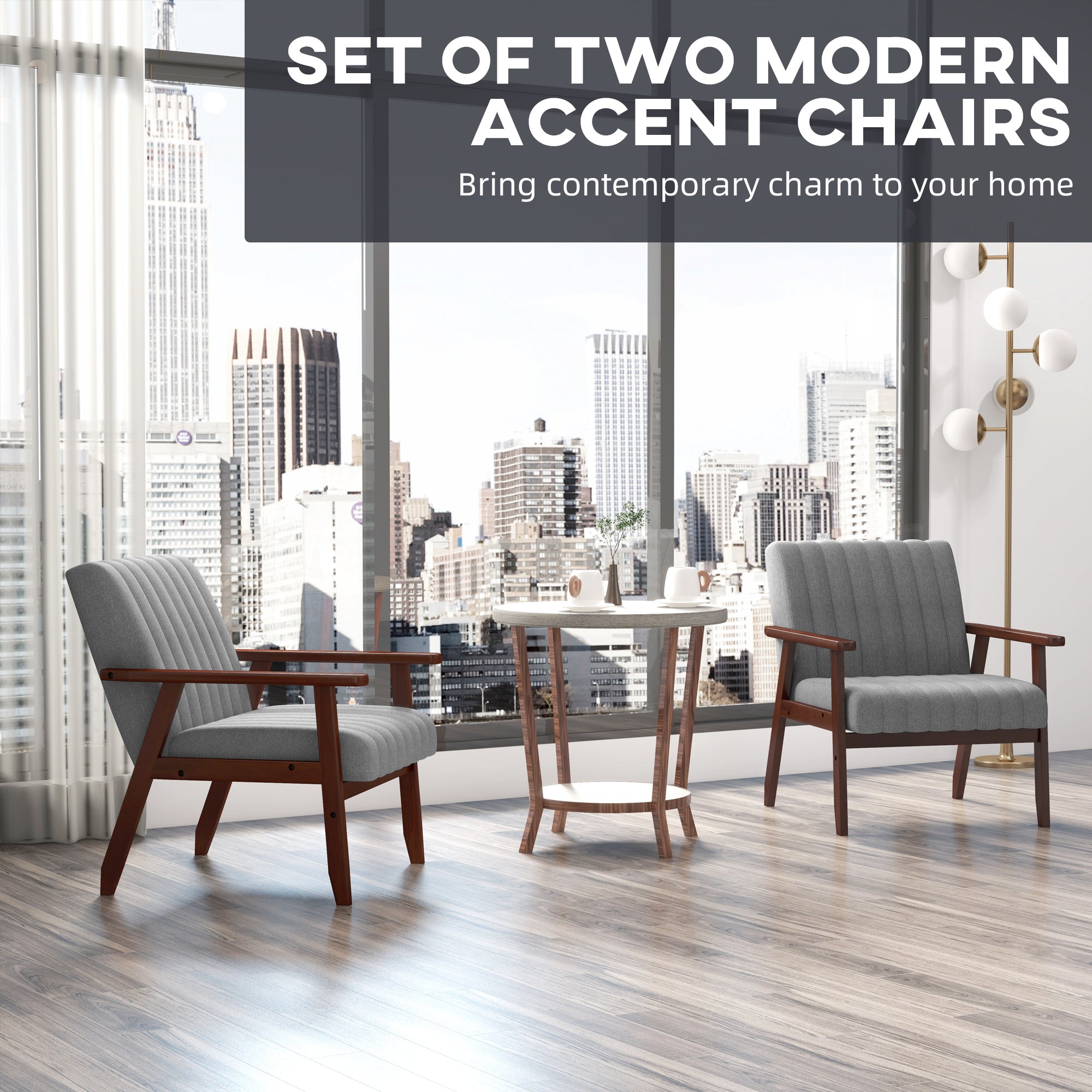 HOMCOM Mid Century Accent Chairs Set of 2, with Wooden Legs - Grey